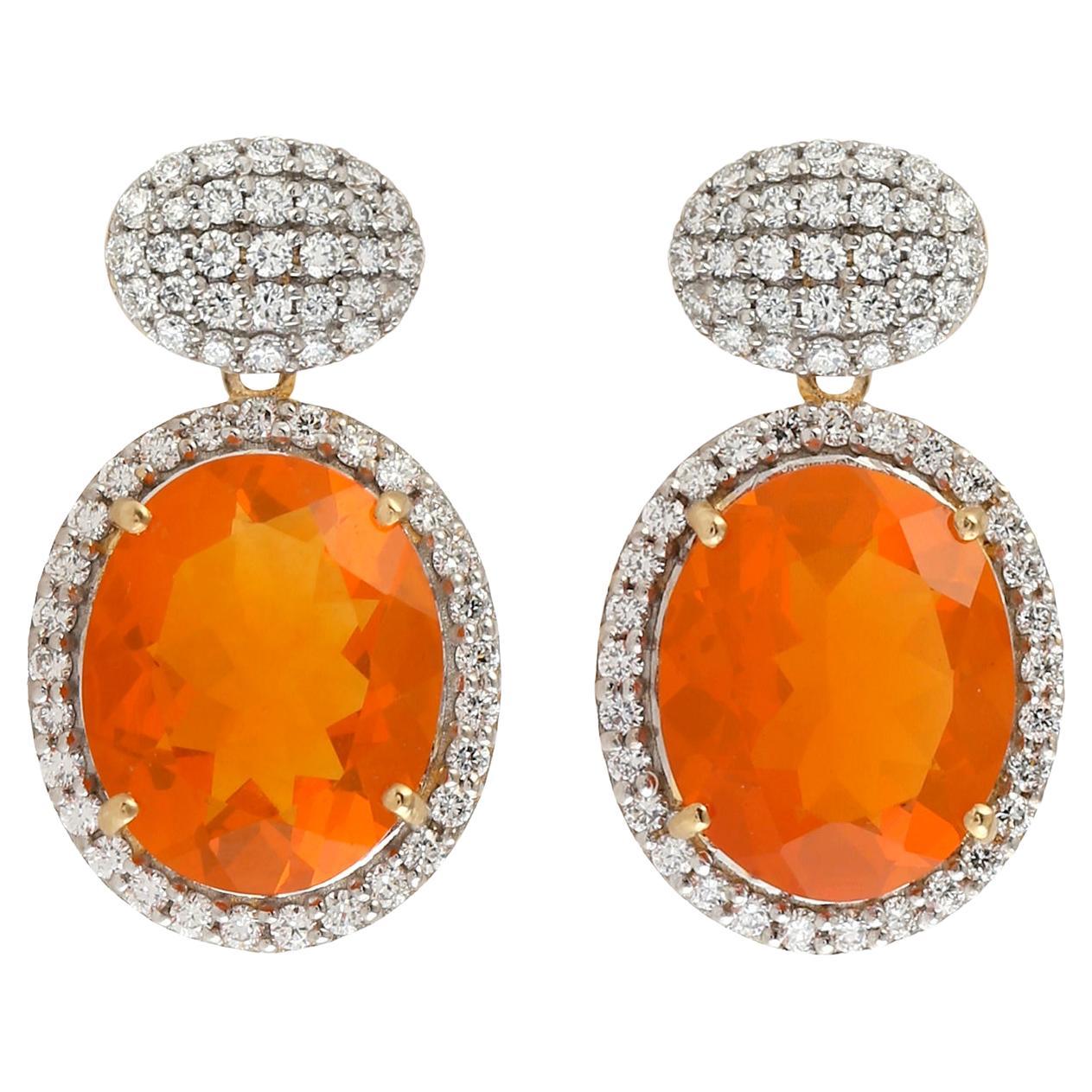 Natural Fire Opal And Diamond Drop Earrings 18K Yellow Gold For Sale