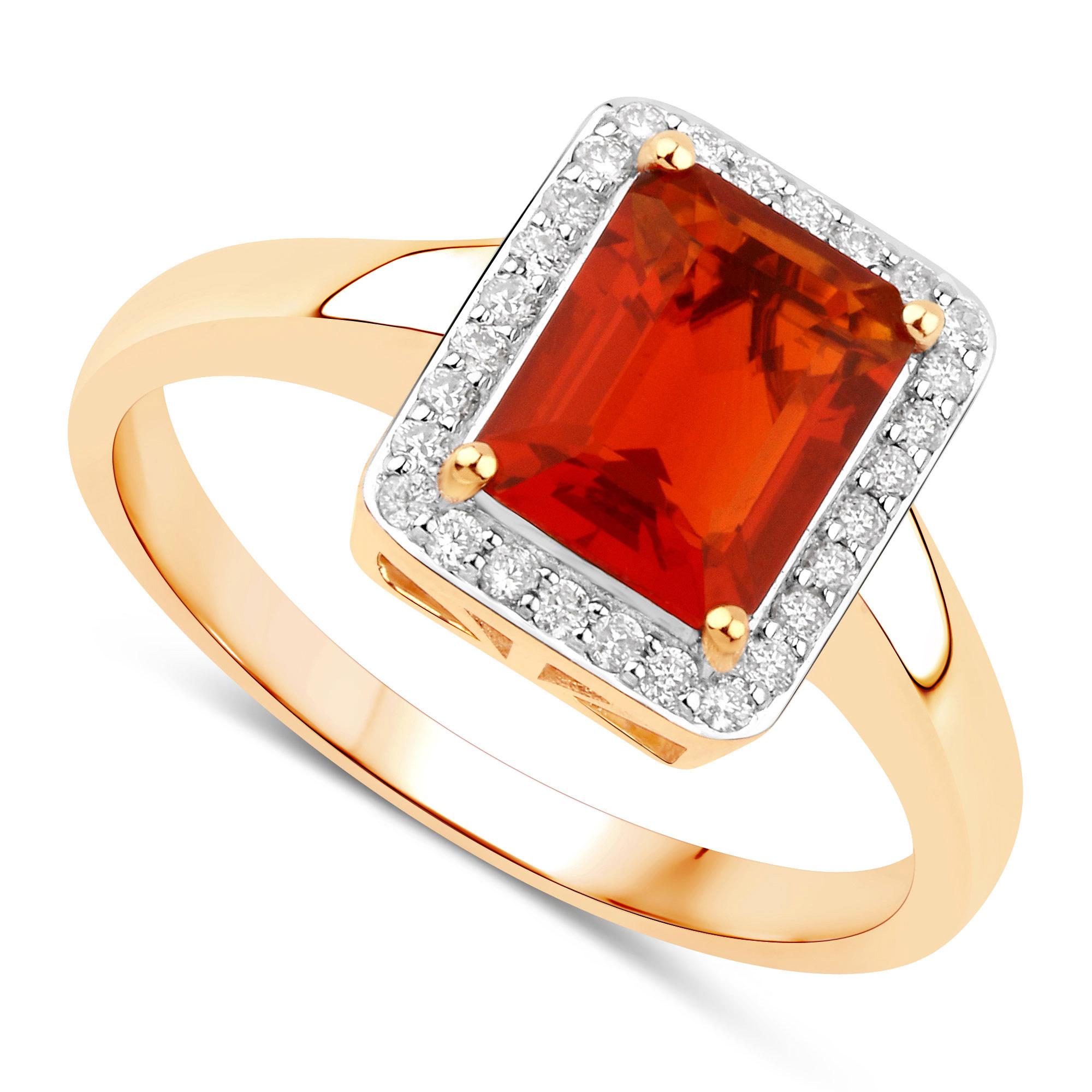 Emerald Cut Natural Fire Opal and Diamond Halo Ring 1.20 Carats 14K Yellow Gold For Sale