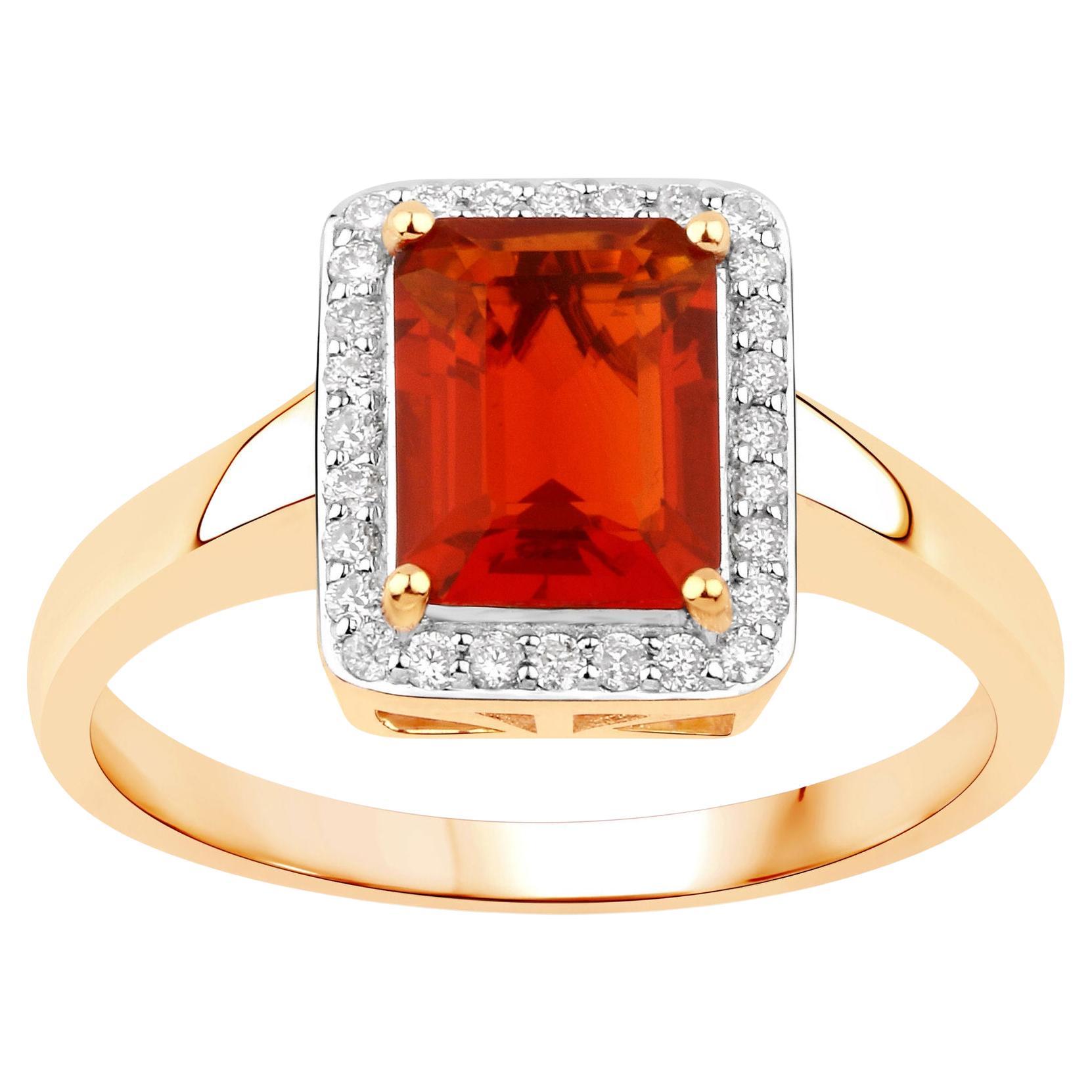 Natural Fire Opal and Diamond Halo Ring 1.20 Carats 14K Yellow Gold For Sale