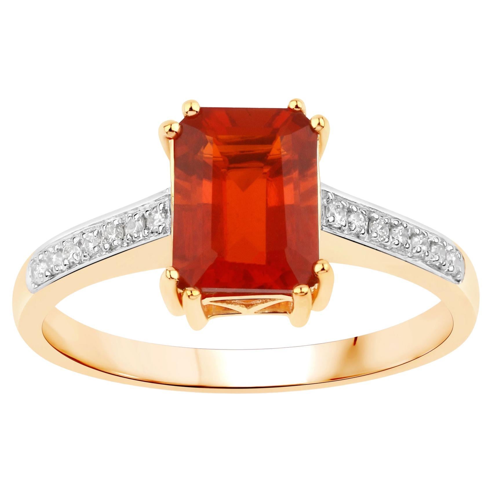 Natural Fire Opal and Diamond Ring 1.11 Carats 14K Yellow Gold For Sale