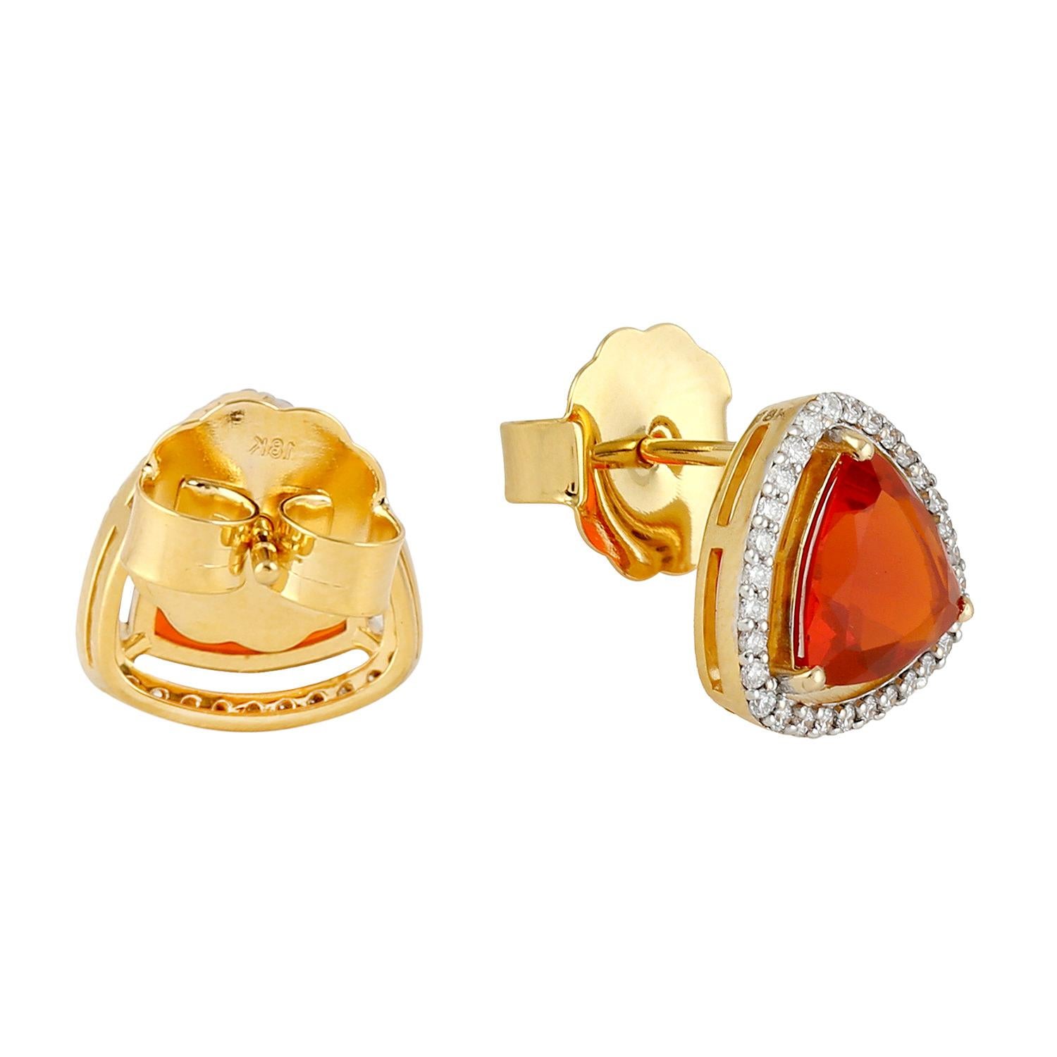 Trillion Cut Natural Fire Opal And Diamond Stud Earrings 18K Yellow Gold For Sale