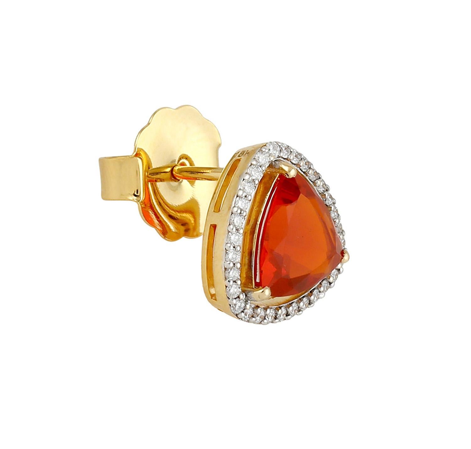 Natural Fire Opal And Diamond Stud Earrings 18K Yellow Gold For Sale 1