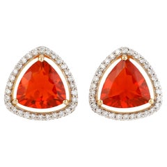 Natural Fire Opal And Diamond Stud Earrings 18K Yellow Gold