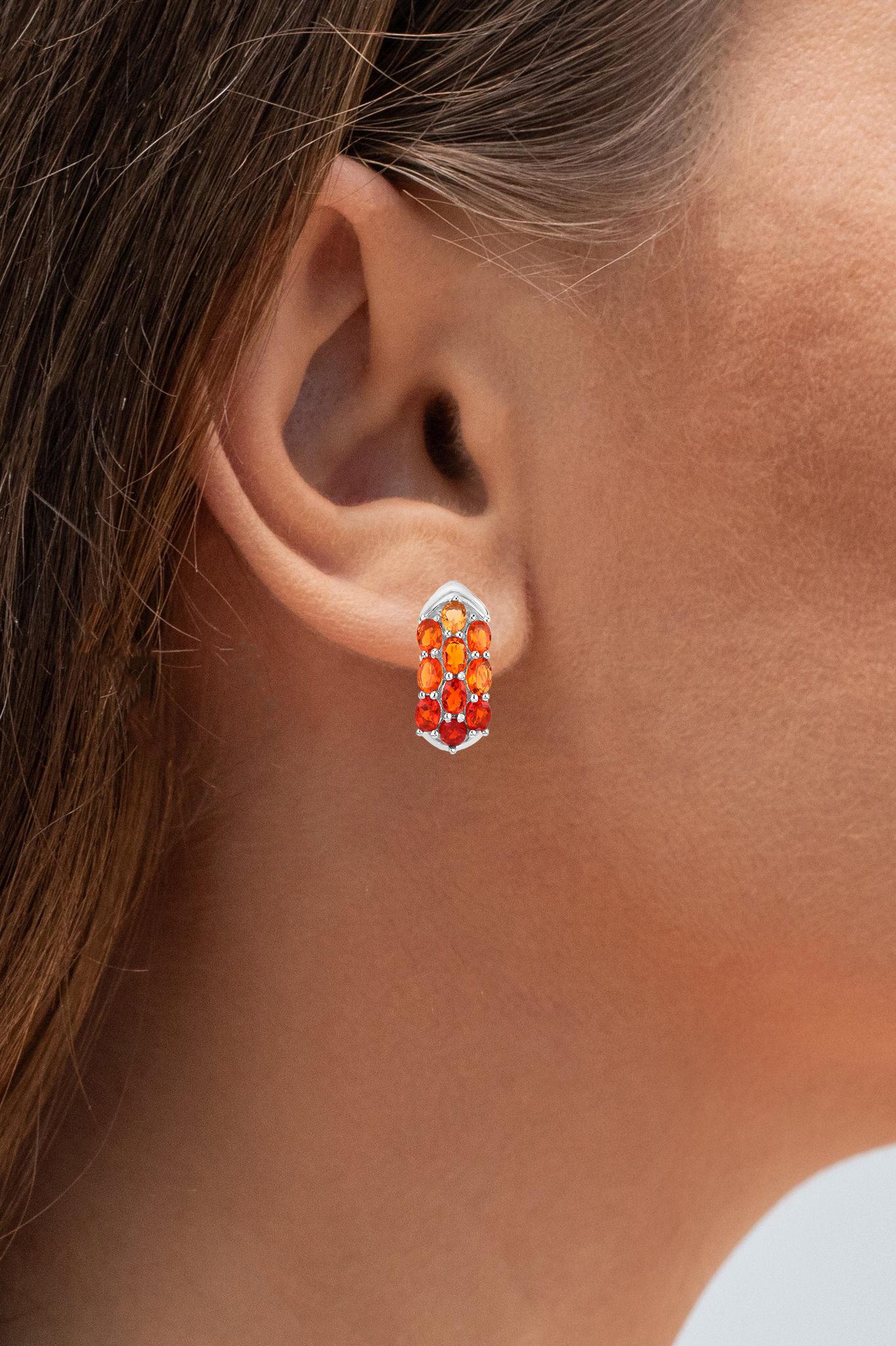 Contemporary Natural Fire Opal Cluster Earrings 2.4 Carats Sterling Silver For Sale