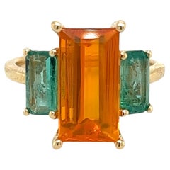 Natural Fire Opal Emerald Ring Size 6.5 14k Y Gold 3.61 TCW Certified