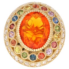 Natural Fire Opal Sapphire and Diamond Yellow Gold Cocktail Ring