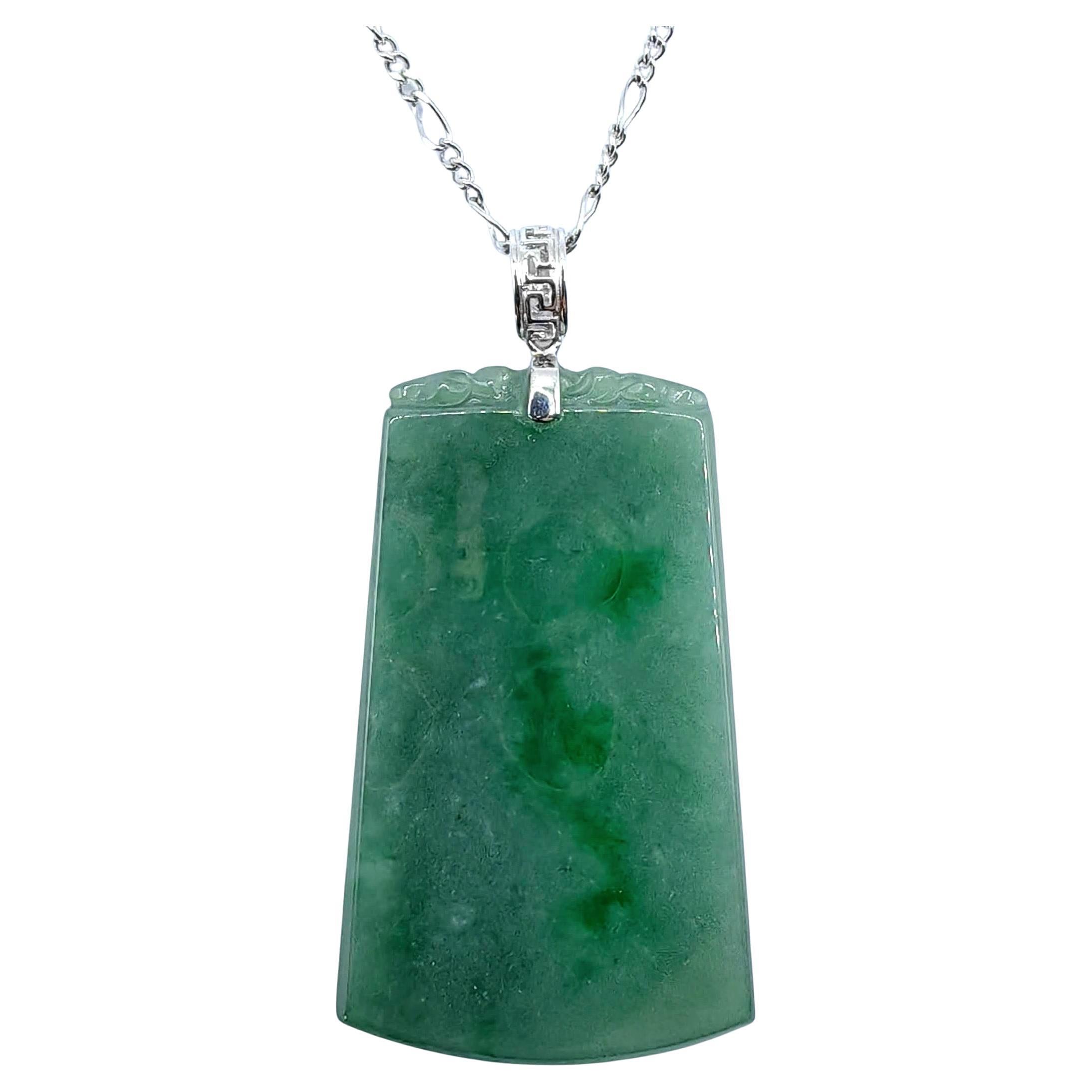 Natural Flower-Green Jadeite Jade Peace Pendant with 18K Gold Chinese Key Bail