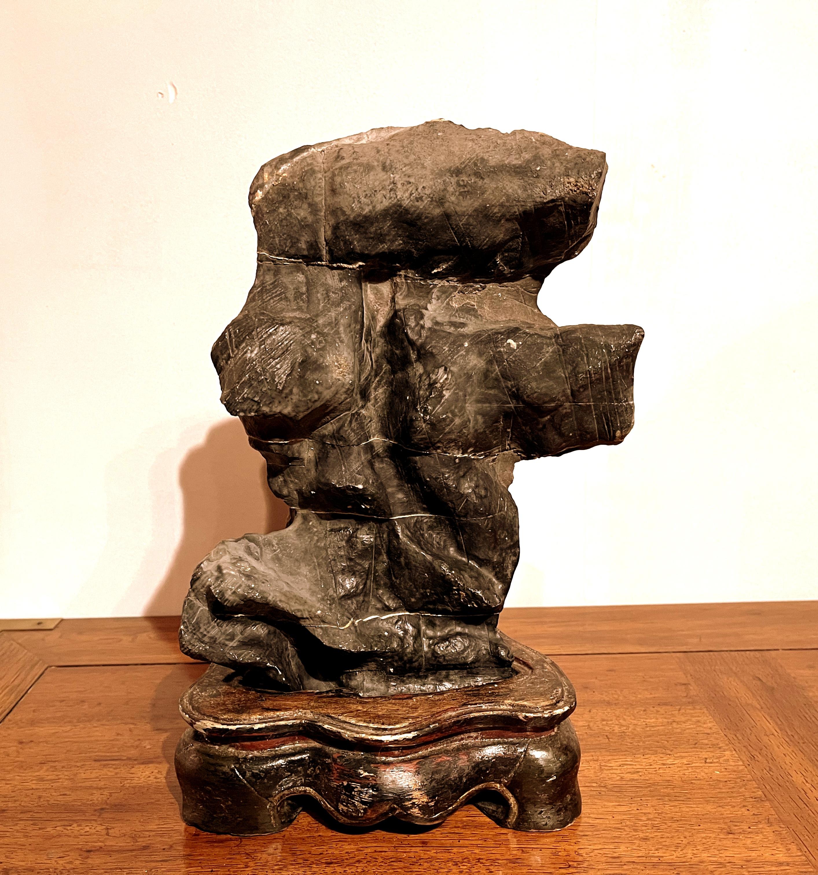 Natural Form Chinese Scholar Rock with Wooden Base In Good Condition For Sale In Greenwich, CT