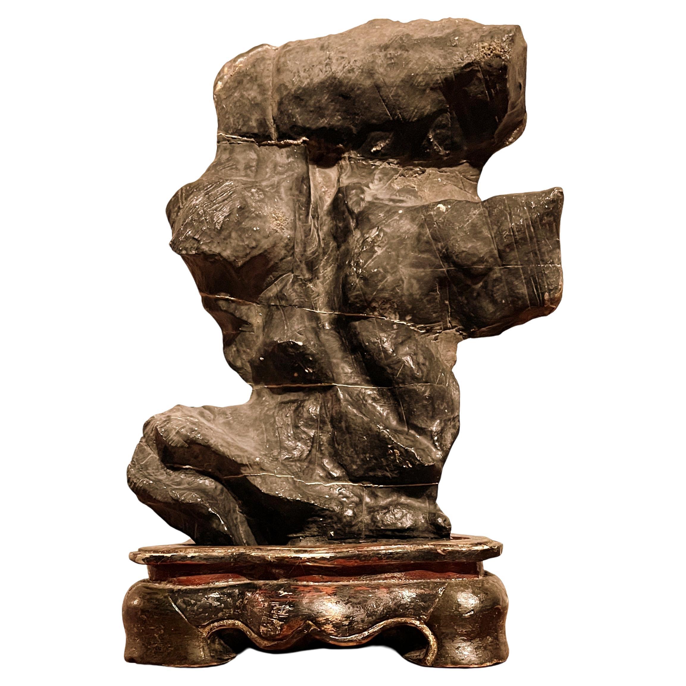 Natural Form Chinese Scholar Rock with Wooden Base For Sale