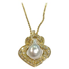 Natural Form South Sea Pearl Necklace Embraced with 3.50 Carat Diamonds