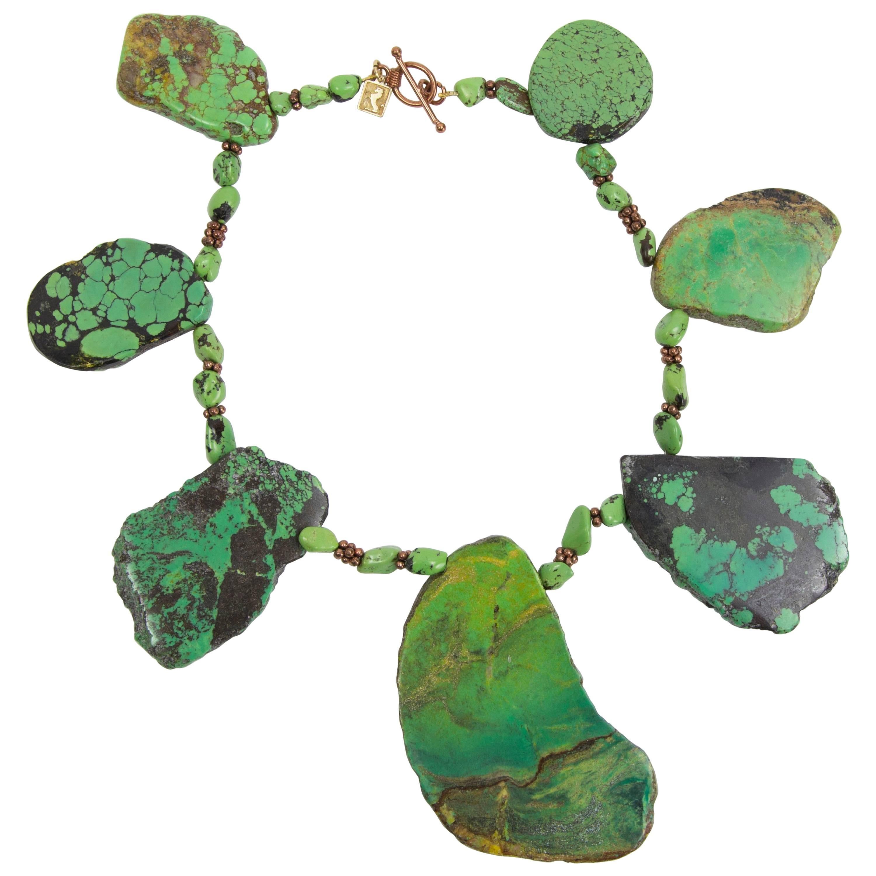 Natural Freeform Turquoise Slice and Copper Statement Necklace For Sale
