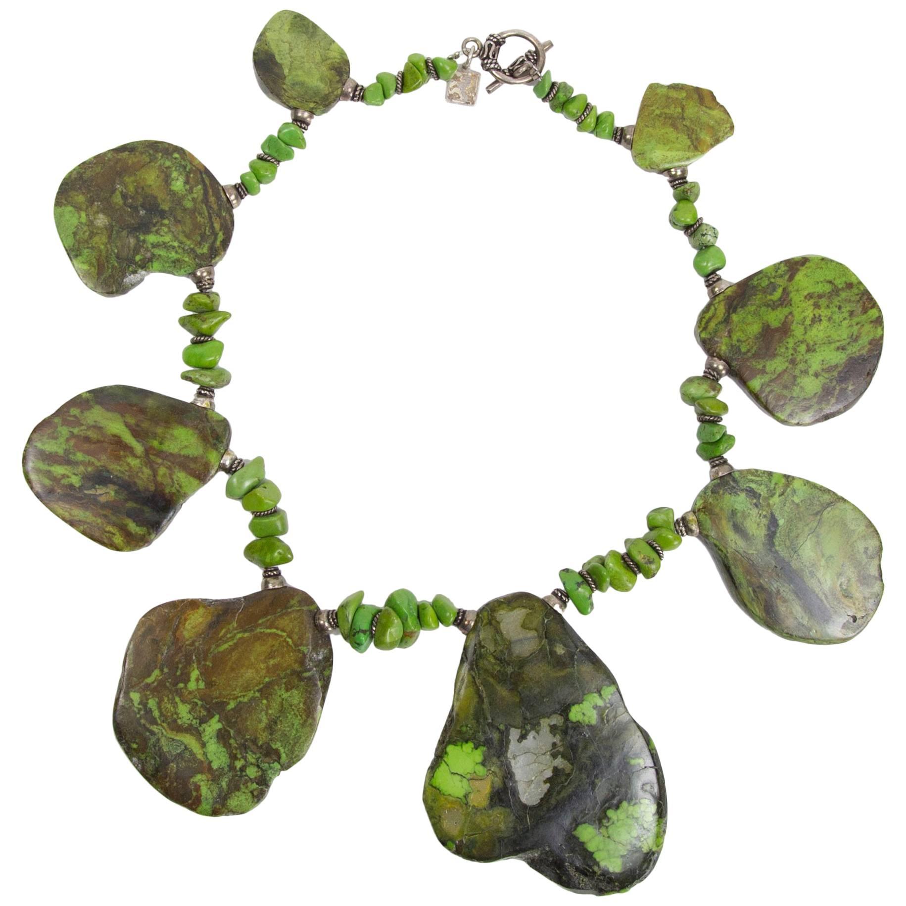 Natural Freeform Turquoise Slice and Sterling Silver Runway Necklace