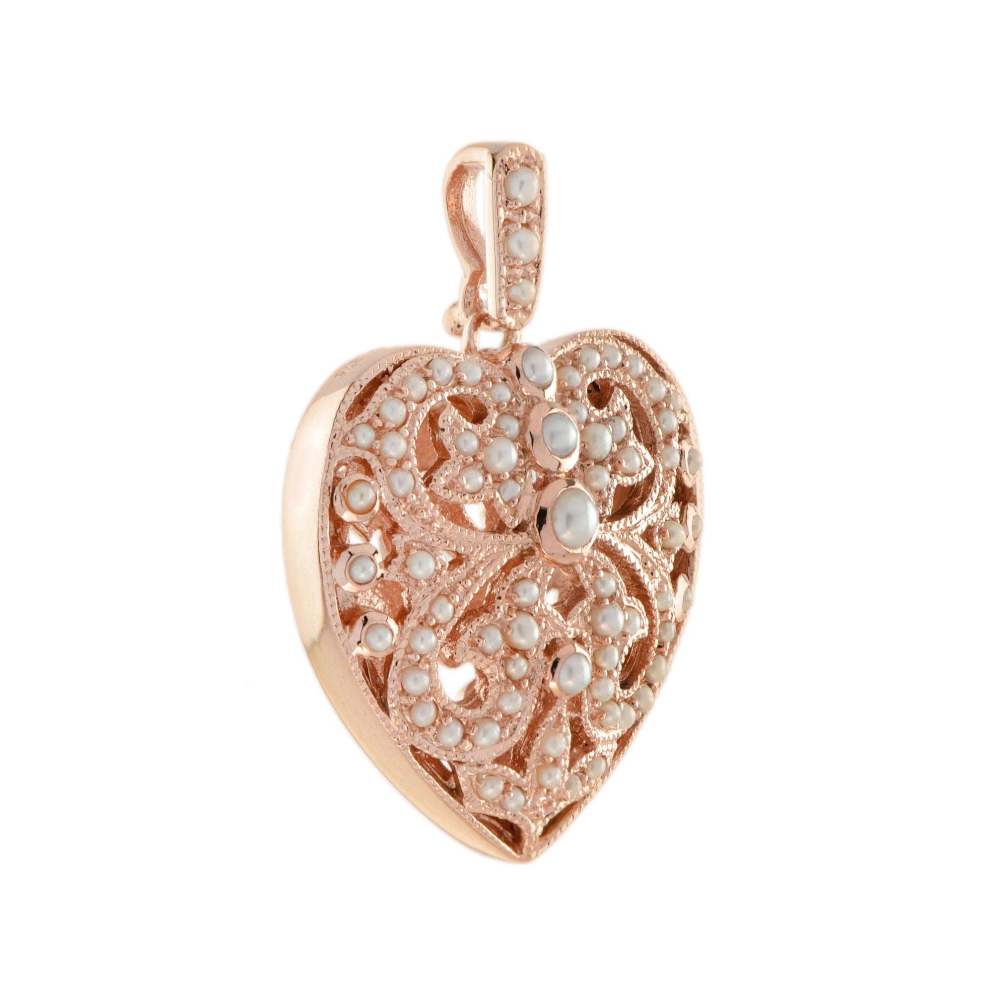 Edwardian Natural Fresh Water Pearl Vintage Style Filigree Heart Pendant in 14K Rose Gold For Sale