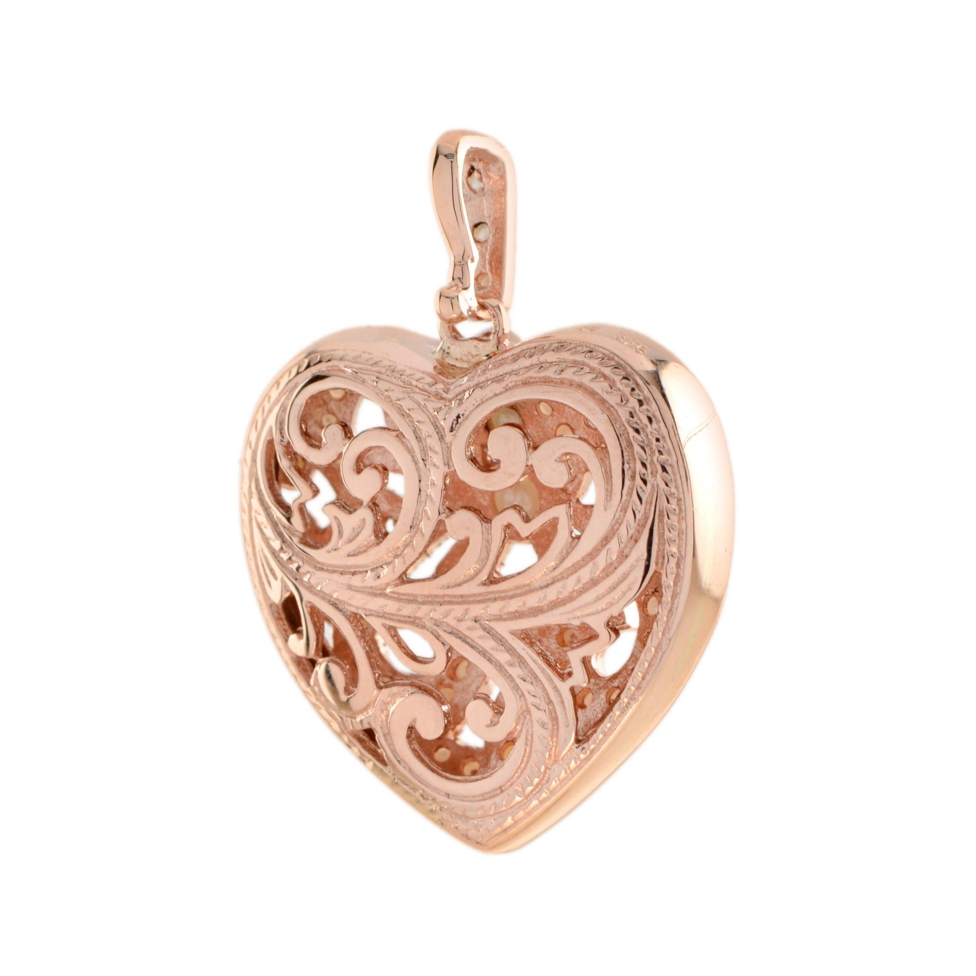 Round Cut Natural Fresh Water Pearl Vintage Style Filigree Heart Pendant in 14K Rose Gold For Sale