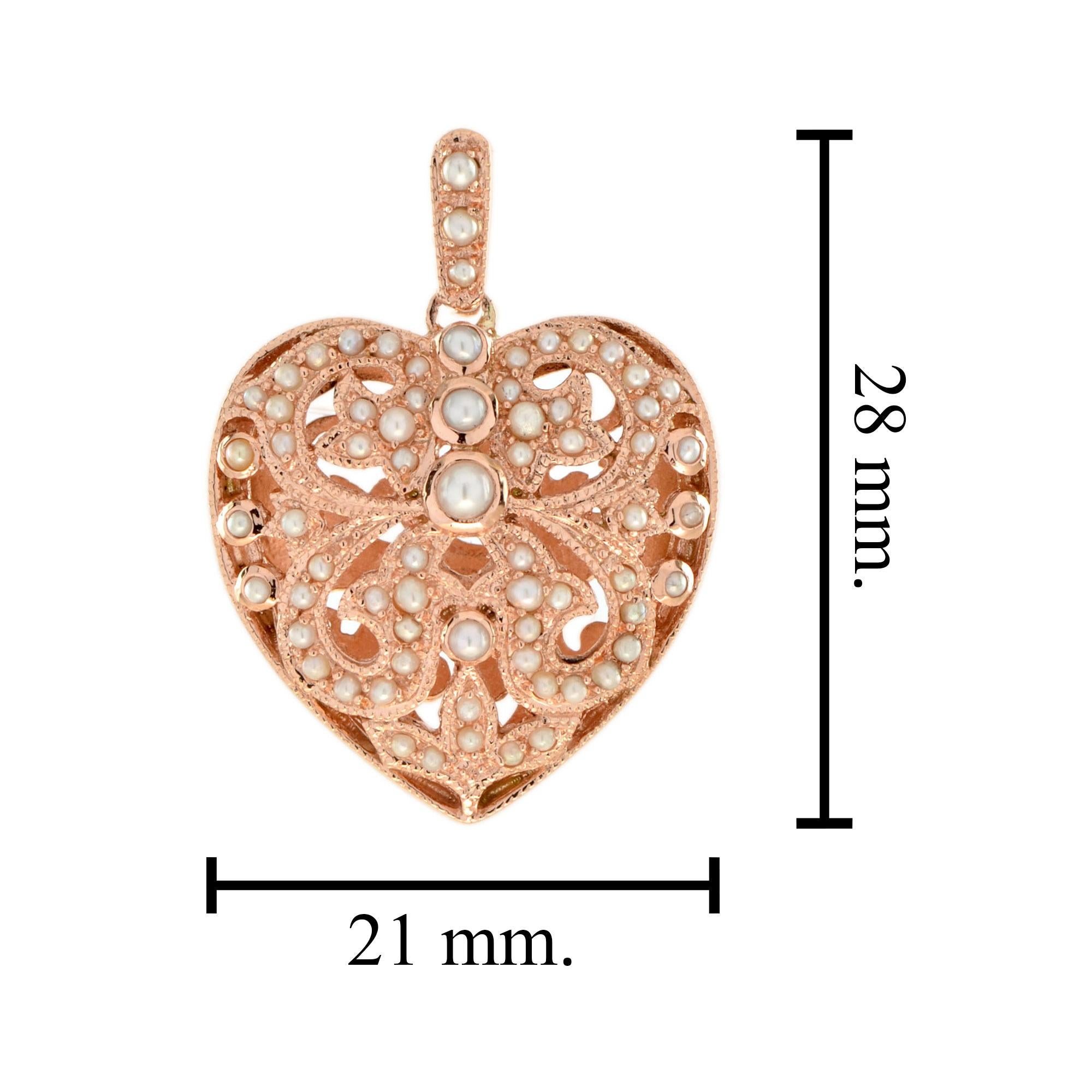 Natural Fresh Water Pearl Vintage Style Filigree Heart Pendant in 14K Rose Gold In New Condition For Sale In Bangkok, TH