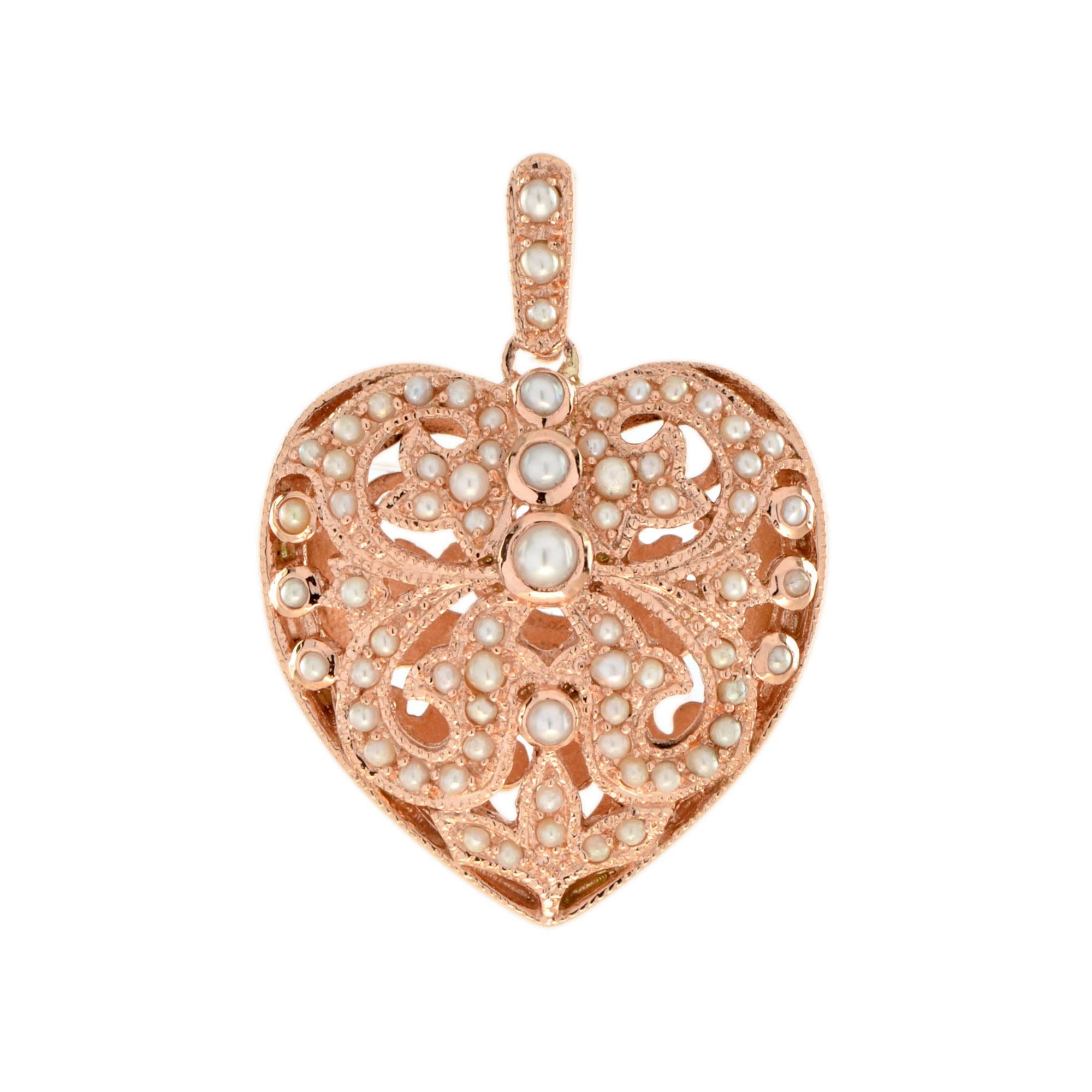 Natural Fresh Water Pearl Vintage Style Filigree Heart Pendant in 14K Rose Gold For Sale