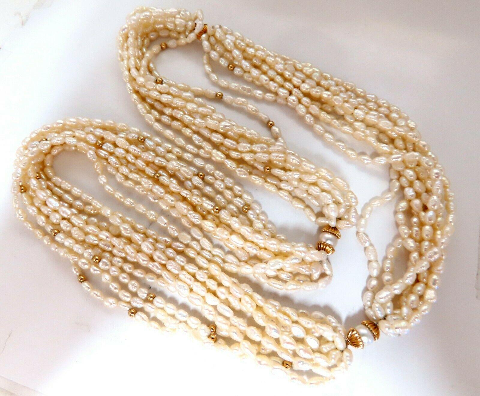 Natural Fresh Water Rice Pearls Necklace Gold Bead 14 Karat In New Condition In New York, NY
