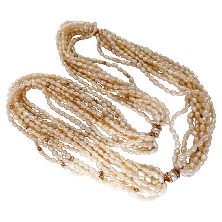 Natural Fresh Water Rice Pearls Necklace Gold Bead 14 Karat at 1stDibs