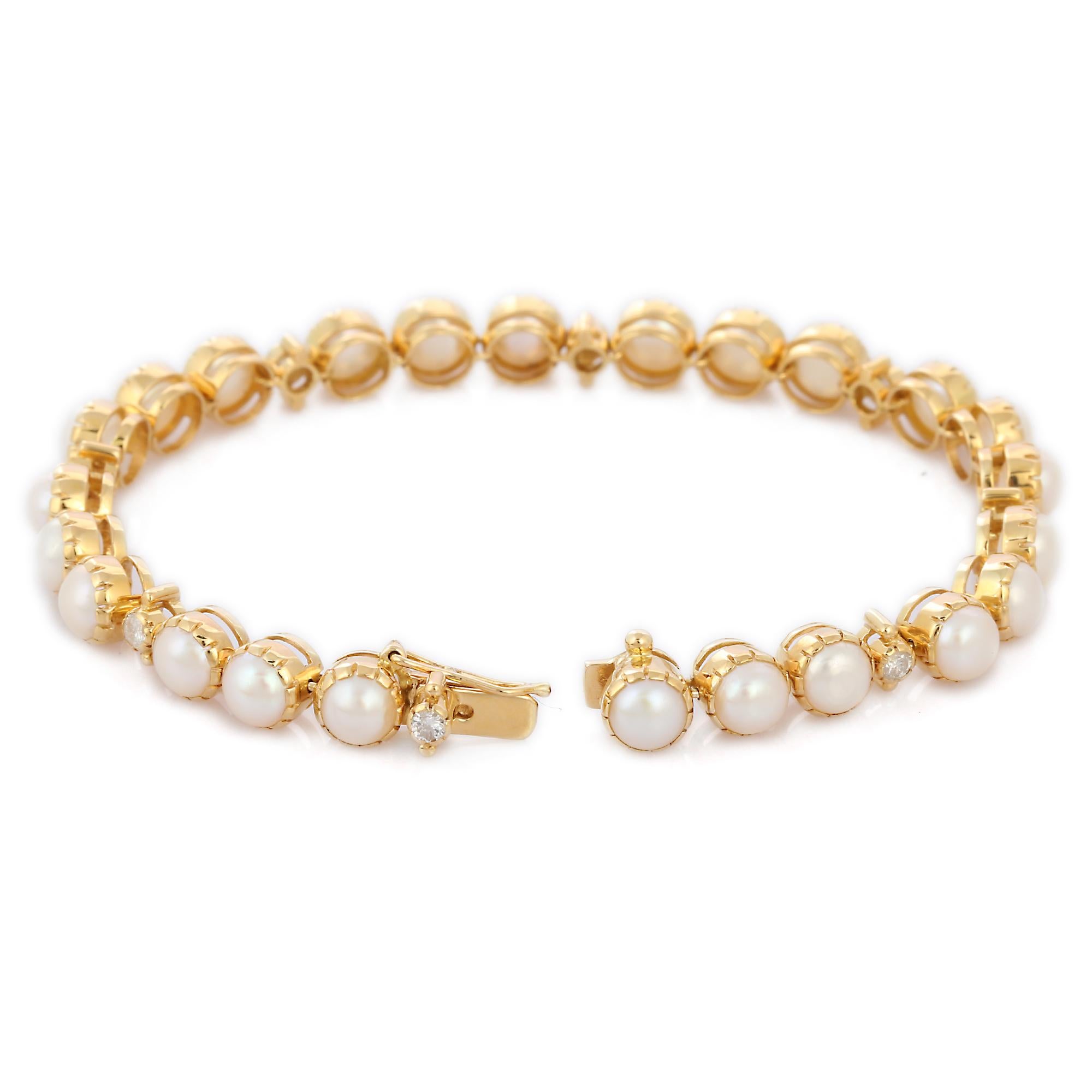 Art Déco Bracciale tennis con perle e diamanti autentici da 22,8 carati in oro giallo 18 carati in vendita