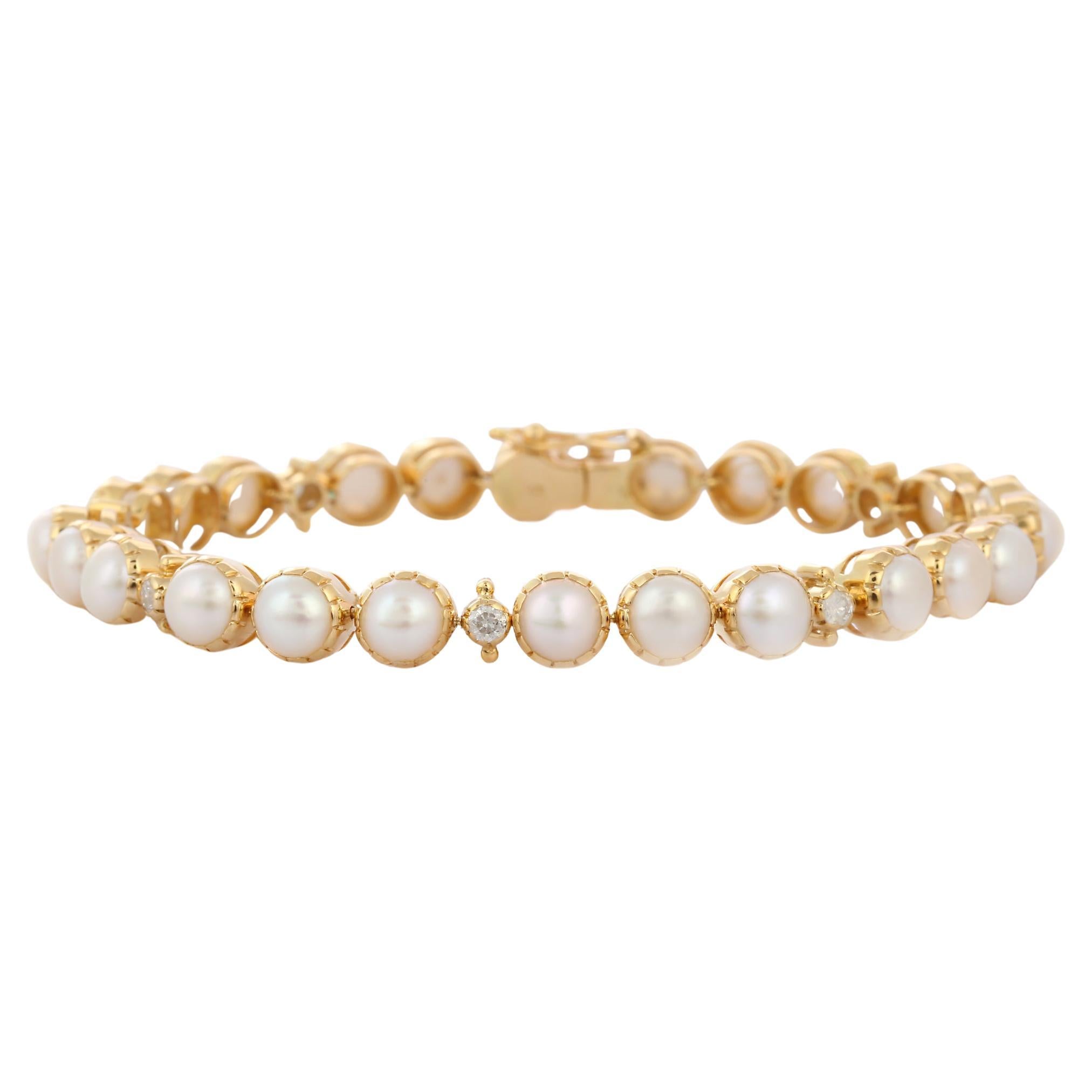 Natural Freshwater Pearl and Diamond Classic Tennis Bracelet in 18K Yellow Gold