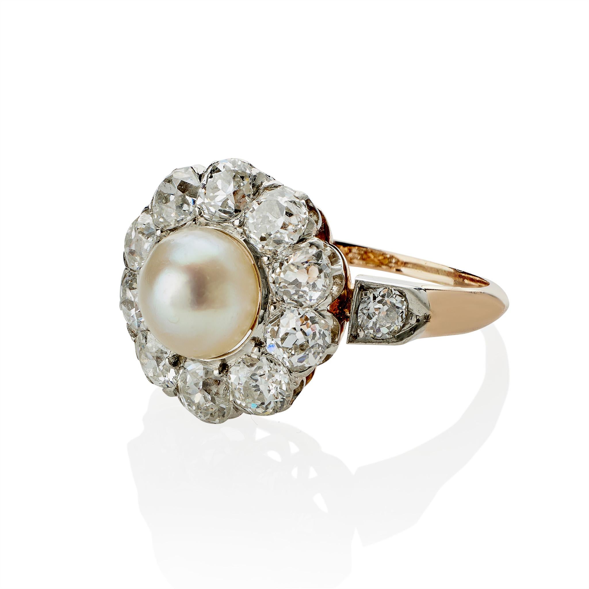 Old European Cut Natural Freshwater Pearl and Diamond Ring For Sale