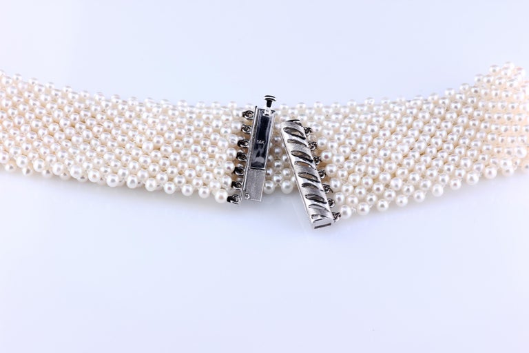 Natural Freshwater Pearl Choker as a Multi-Strand Collar with White Gold Clasp In Excellent Condition For Sale In New York, NY