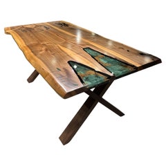 Green Epoxy Walnut  Dining Table - Wood Custom Table - Kitchen Resin Table