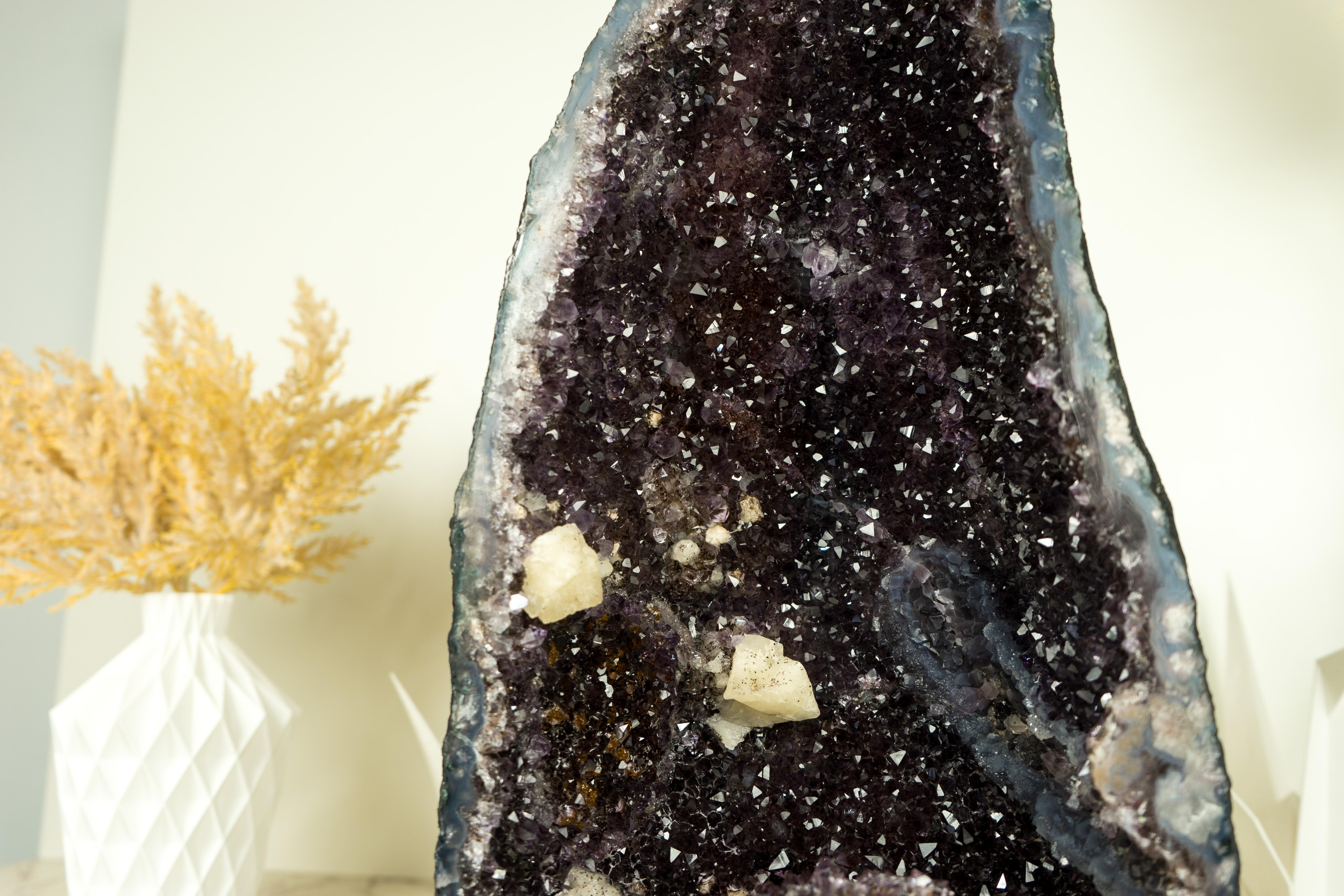 Natural Galaxy Amethyst Geode with Calcite, Agate and Sugar Druzy For Sale 4