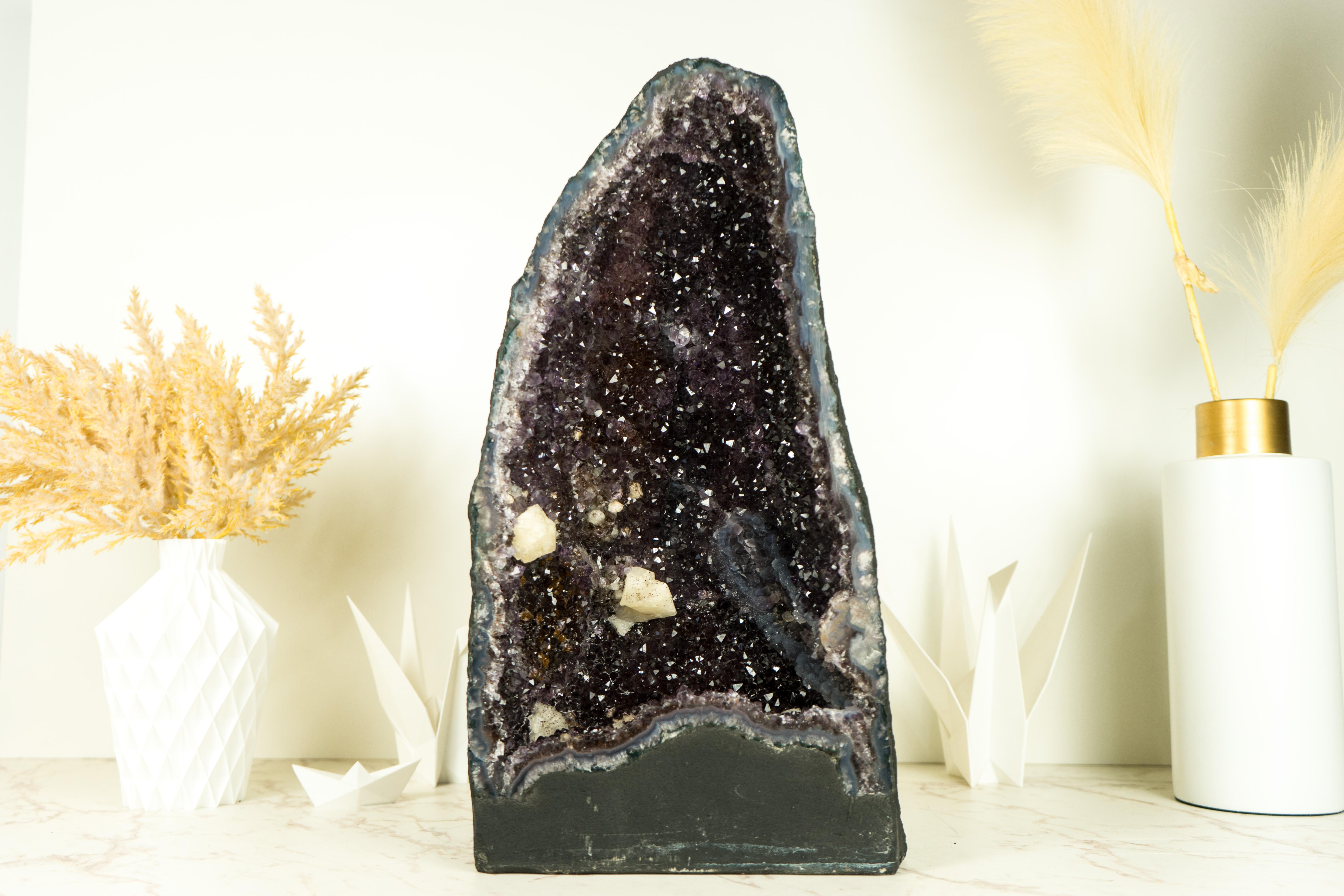 Natural Galaxy Amethyst Geode with Calcite, Agate and Sugar Druzy For Sale 6