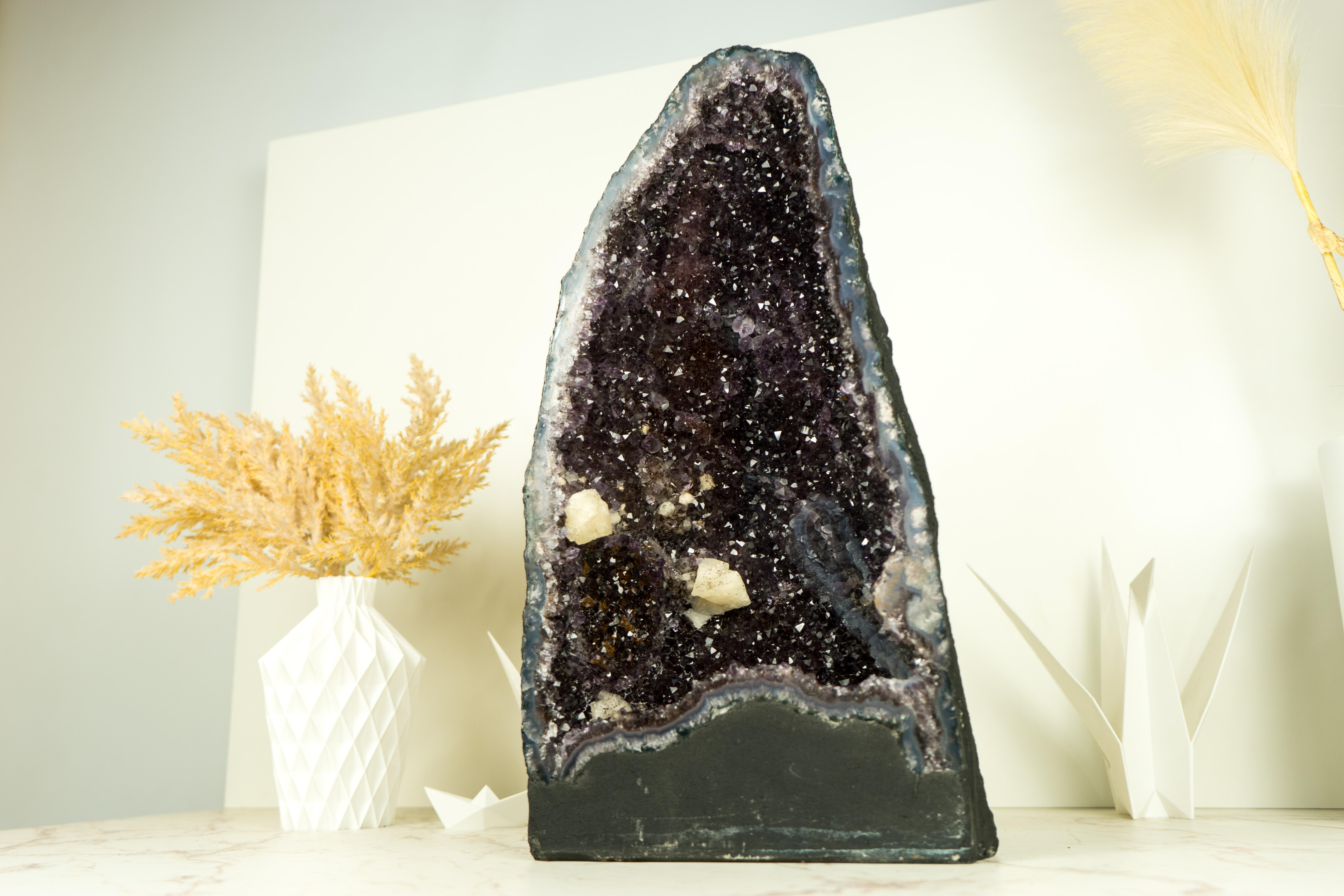 Brazilian Natural Galaxy Amethyst Geode with Calcite, Agate and Sugar Druzy For Sale