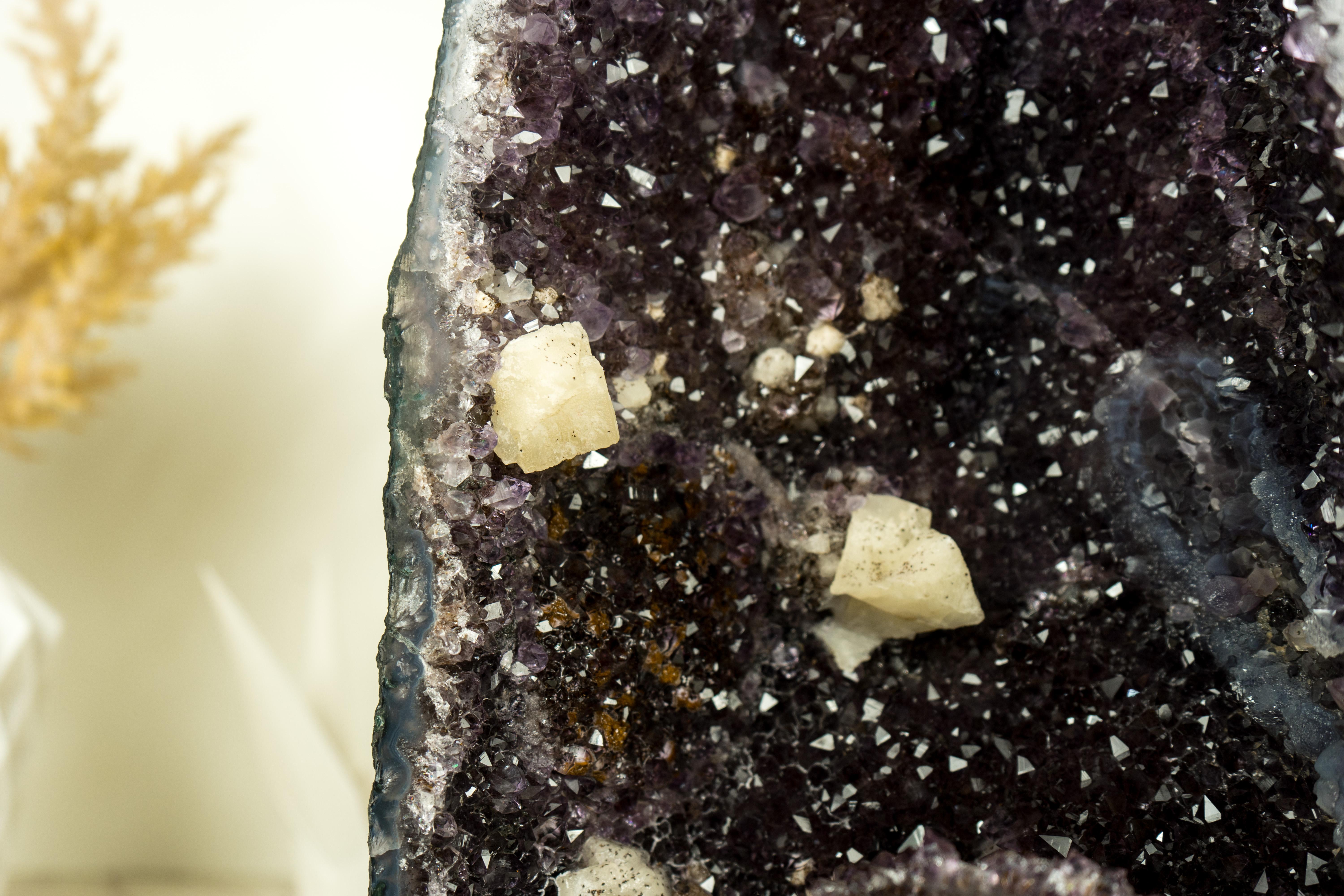Contemporary Natural Galaxy Amethyst Geode with Calcite, Agate and Sugar Druzy For Sale