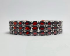 Natural Garnet .925 Sterling Silver Rhodium Plated 3 Row Wide Tennis Bracelet