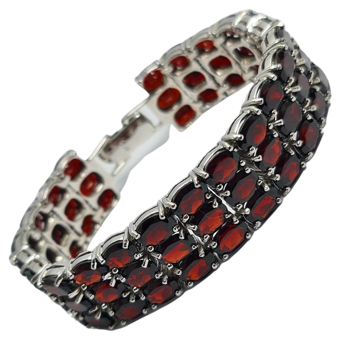 Natural Garnet .925 Sterling Silver Rhodium Plated 3 Row Wide Tennis Bracelet For Sale