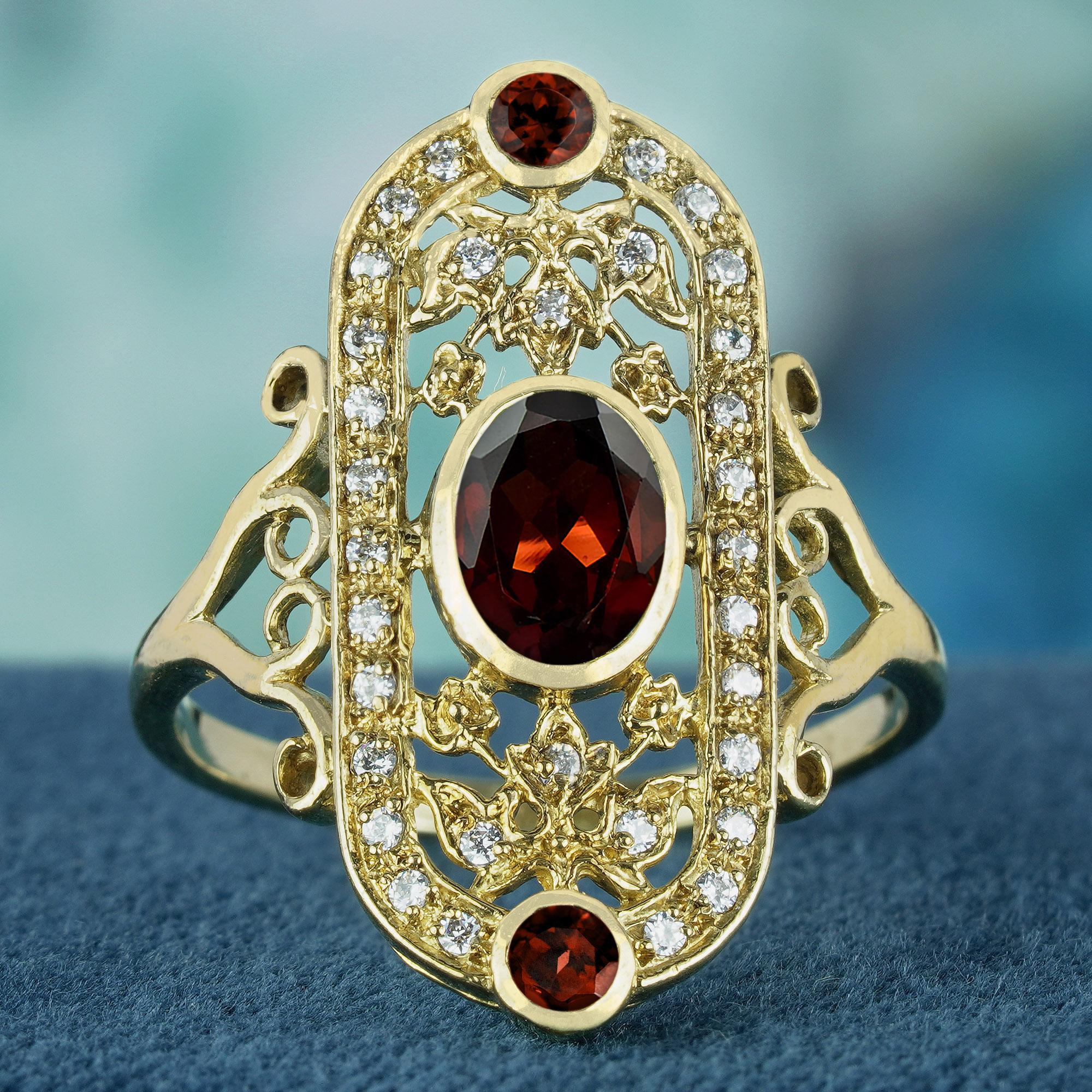 Eine atemberaubende Mischung aus kühner Eleganz und zeitloser Schönheit: der Cocktailring mit Naturgranat und Diamant im Vintage-Stil.
Der sattrote Granat, ergänzt durch die funkelnden Diamanten, bildet einen fesselnden Kontrast, der sowohl ins Auge