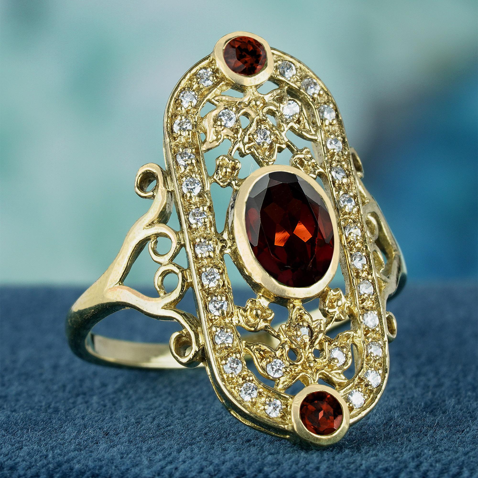 Natürlicher Granat und Diamant im Vintage-Stil  Cocktailring aus massivem 9K Gelbgold (Edwardian) im Angebot