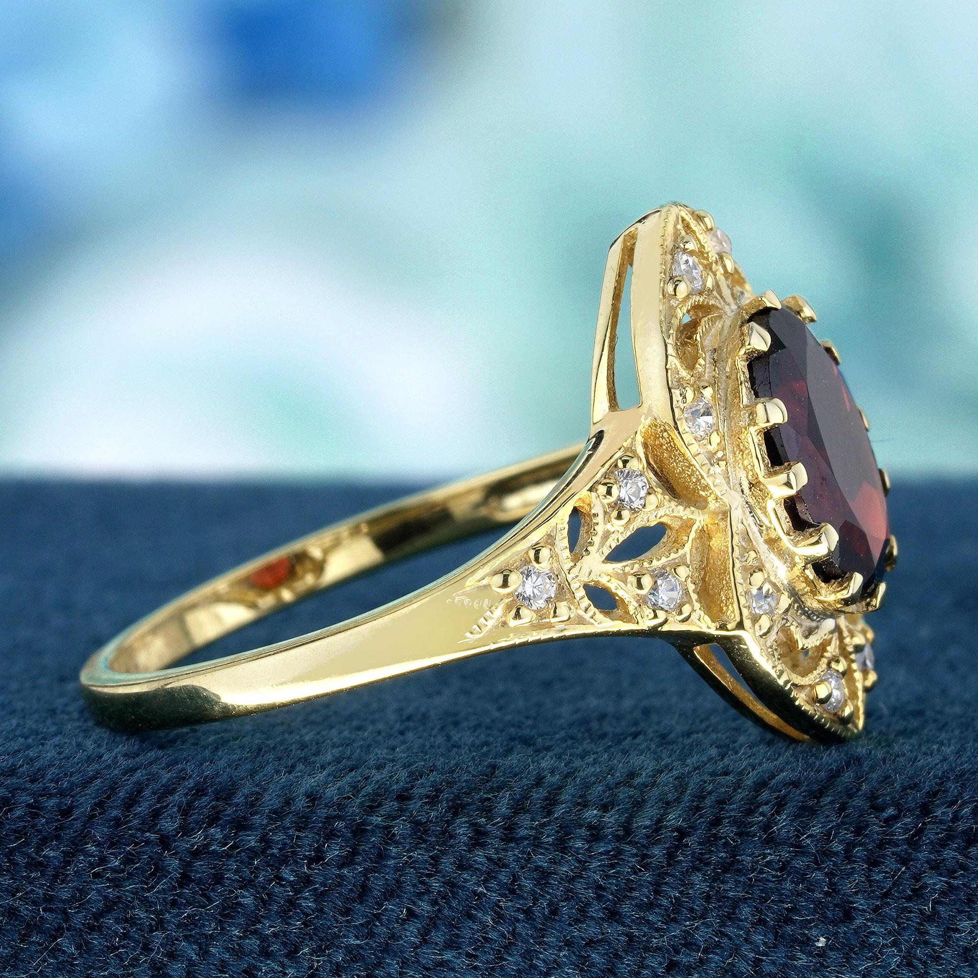Oval Cut Natural Garnet and Diamond Vintage Style Cocktail Ring in Solid 9K Yellow Gold For Sale