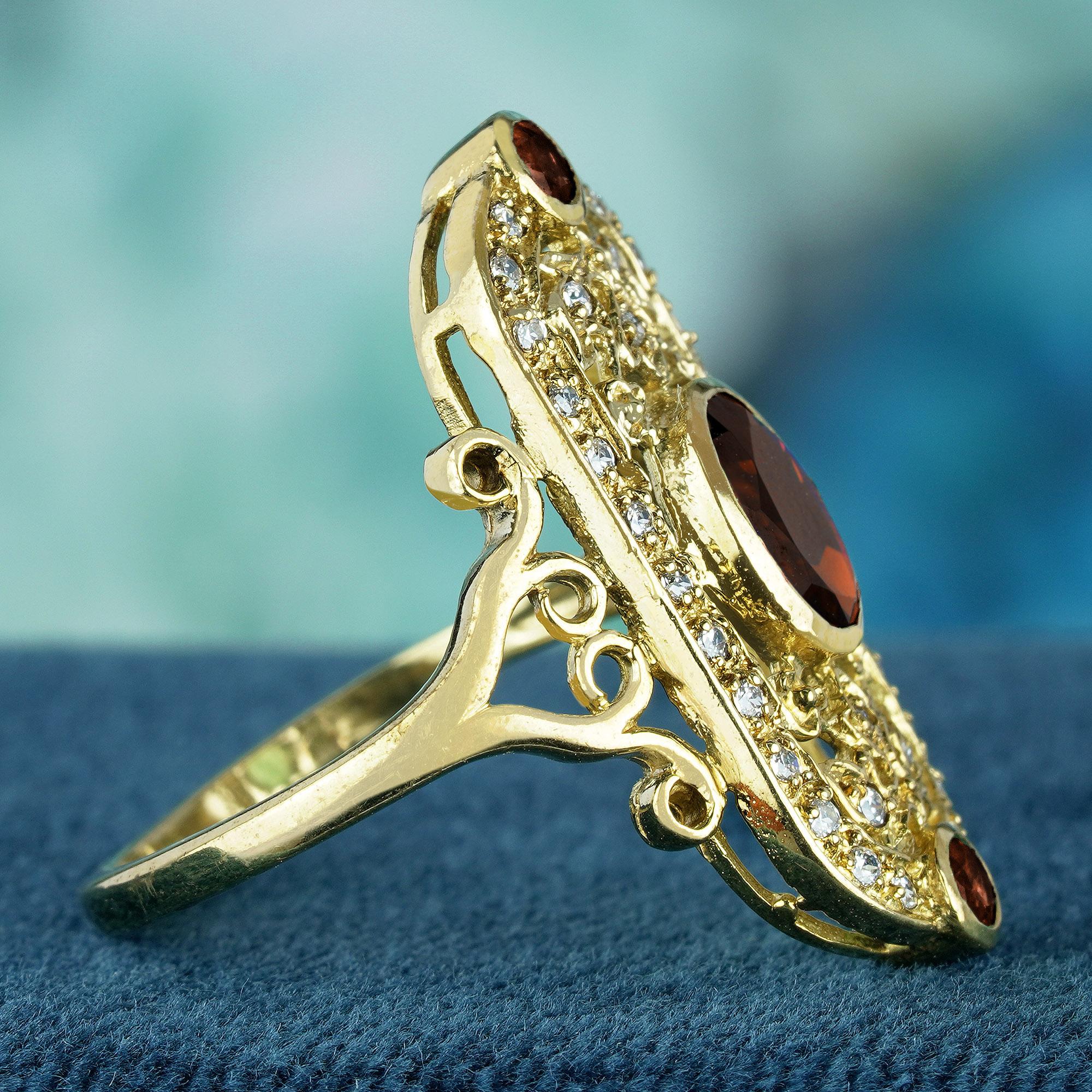 Natürlicher Granat und Diamant im Vintage-Stil  Cocktailring aus massivem 9K Gelbgold (Ovalschliff) im Angebot