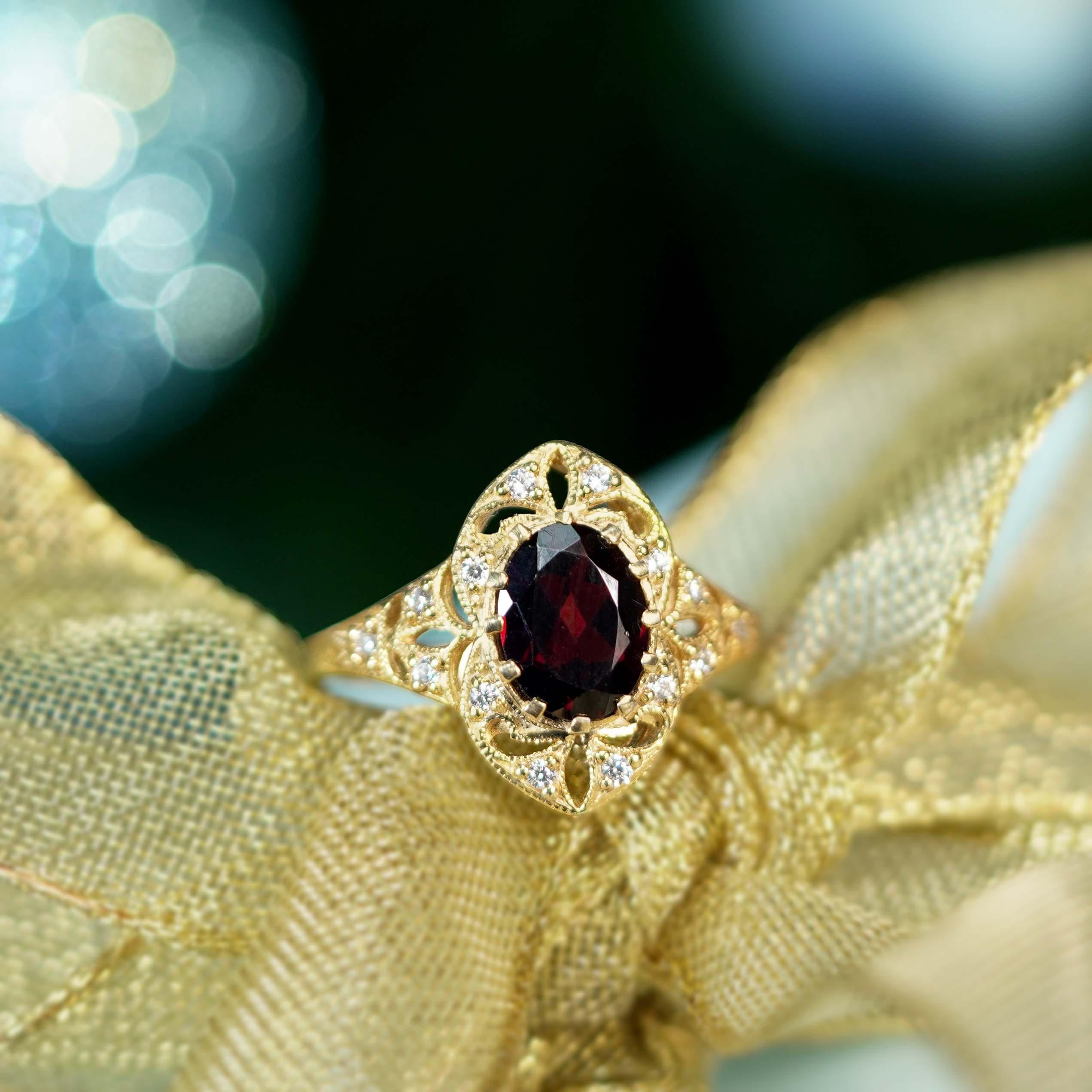 Natural Garnet and Diamond Vintage Style Cocktail Ring in Solid 9K Yellow Gold For Sale 1