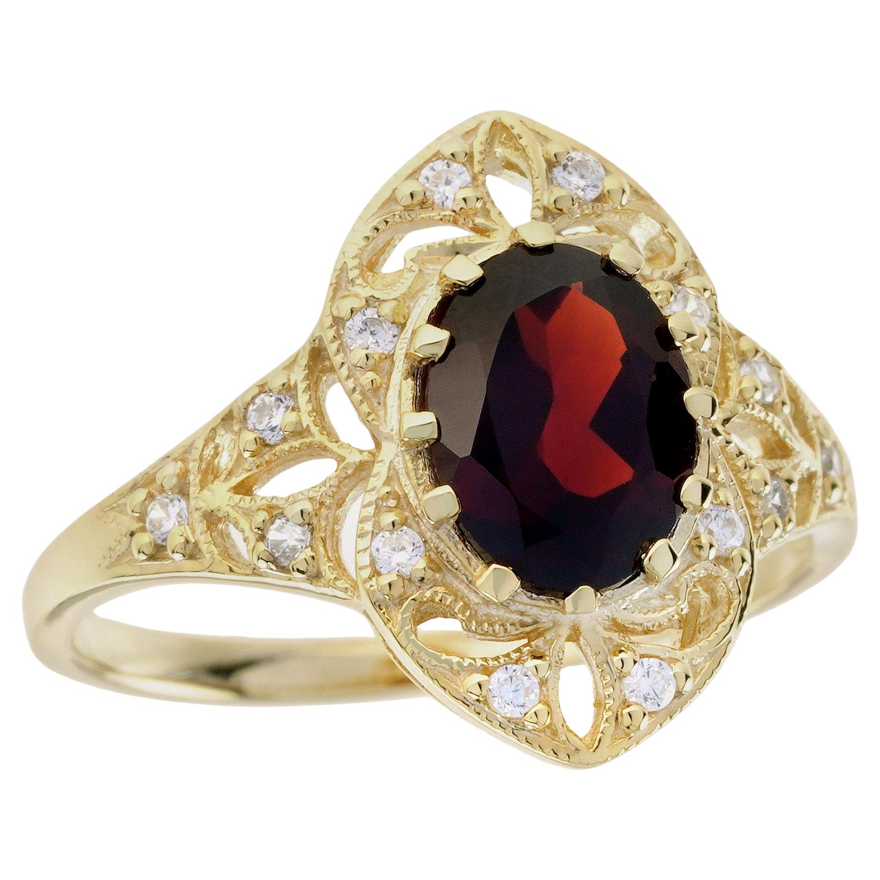 Natural Garnet and Diamond Vintage Style Cocktail Ring in Solid 9K Yellow Gold For Sale