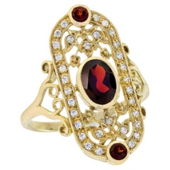 Natural Garnet and Diamond Vintage Style  Cocktail Ring in Solid 9K Yellow Gold
