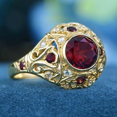 Natural Garnet and Diamond Vintage Style Filigree Ring in Solid 14K Yellow Gold