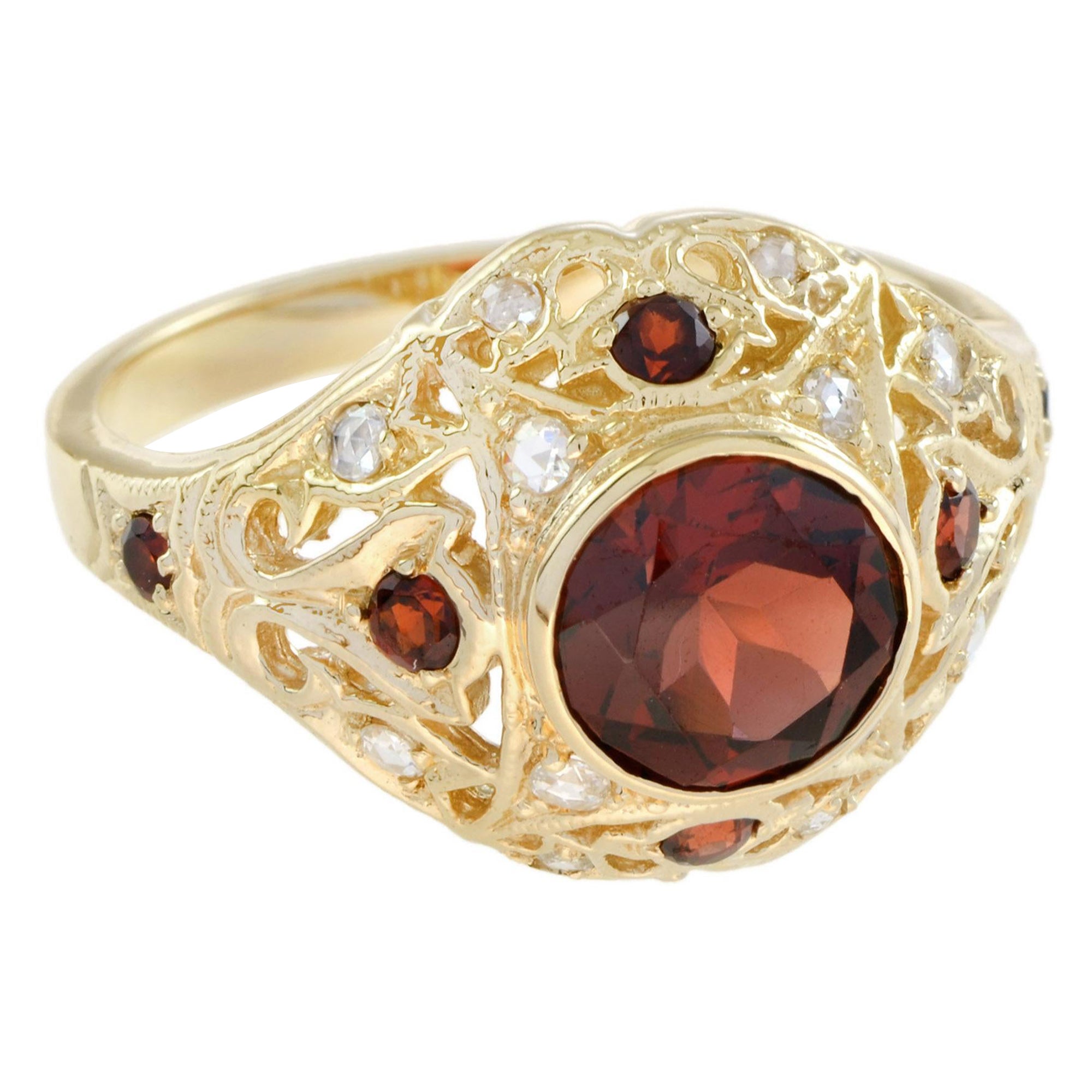 Natural Garnet and Diamond Vintage Style Filigree Ring in Solid 14K Yellow Gold