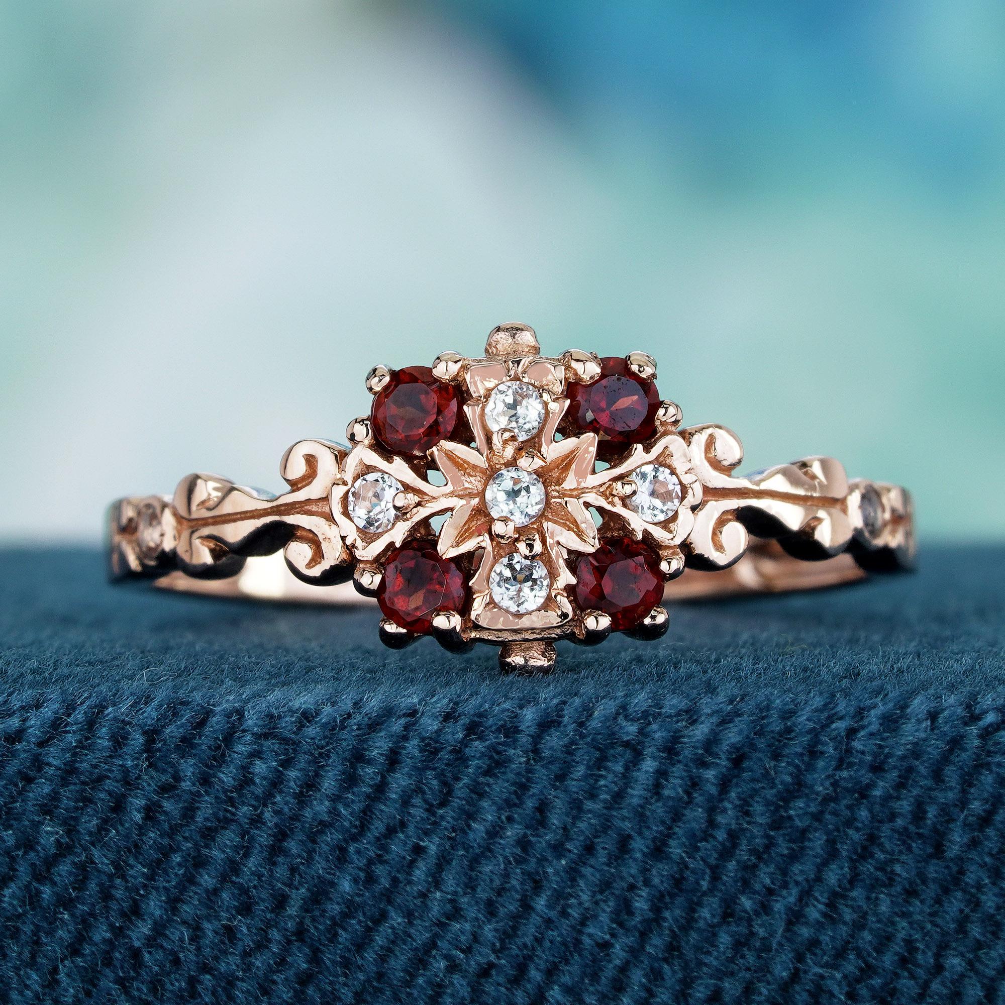 Anillo floral estilo vintage de granate natural y diamantes en oro rosa macizo de 9 quilates Eduardiano en venta