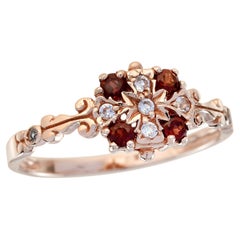 Natural Garnet and Diamond Vintage Style Floral Ring in Solid 9K Rose Gold