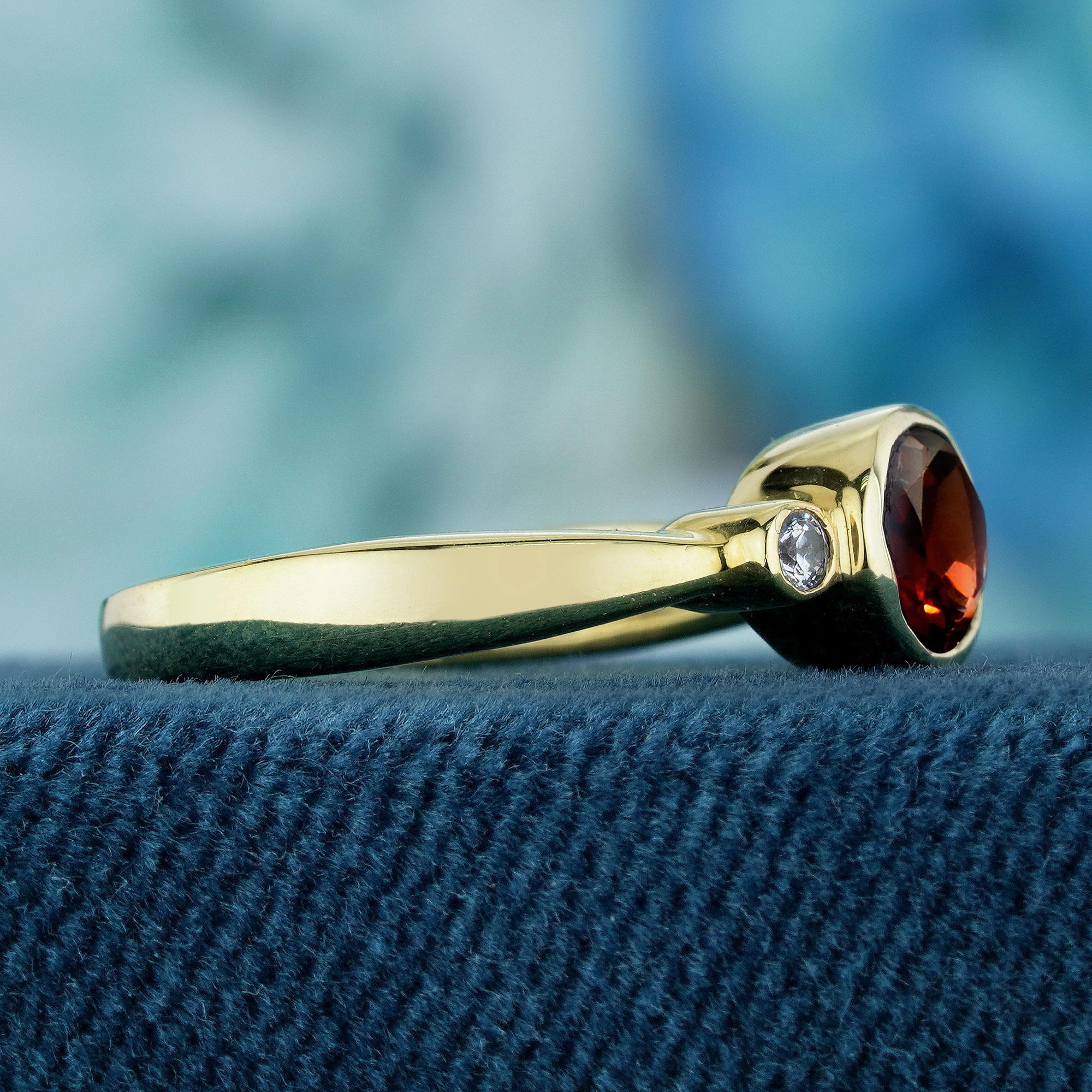 Oval Cut Natural Garnet and Diamond Vintage Style Ring in Solid 9K Yellow Gold For Sale
