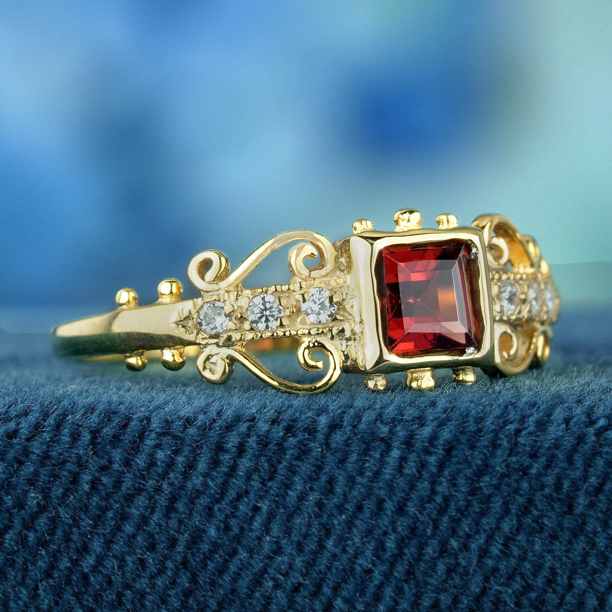 This vintage-inspired ring exudes elegance, featuring intricate scrollwork details that elevate its beauty. Embellished with a solitaire deep red, square-cut garnet stone nestled in a yellow gold band adorned with pave round diamonds, it commands