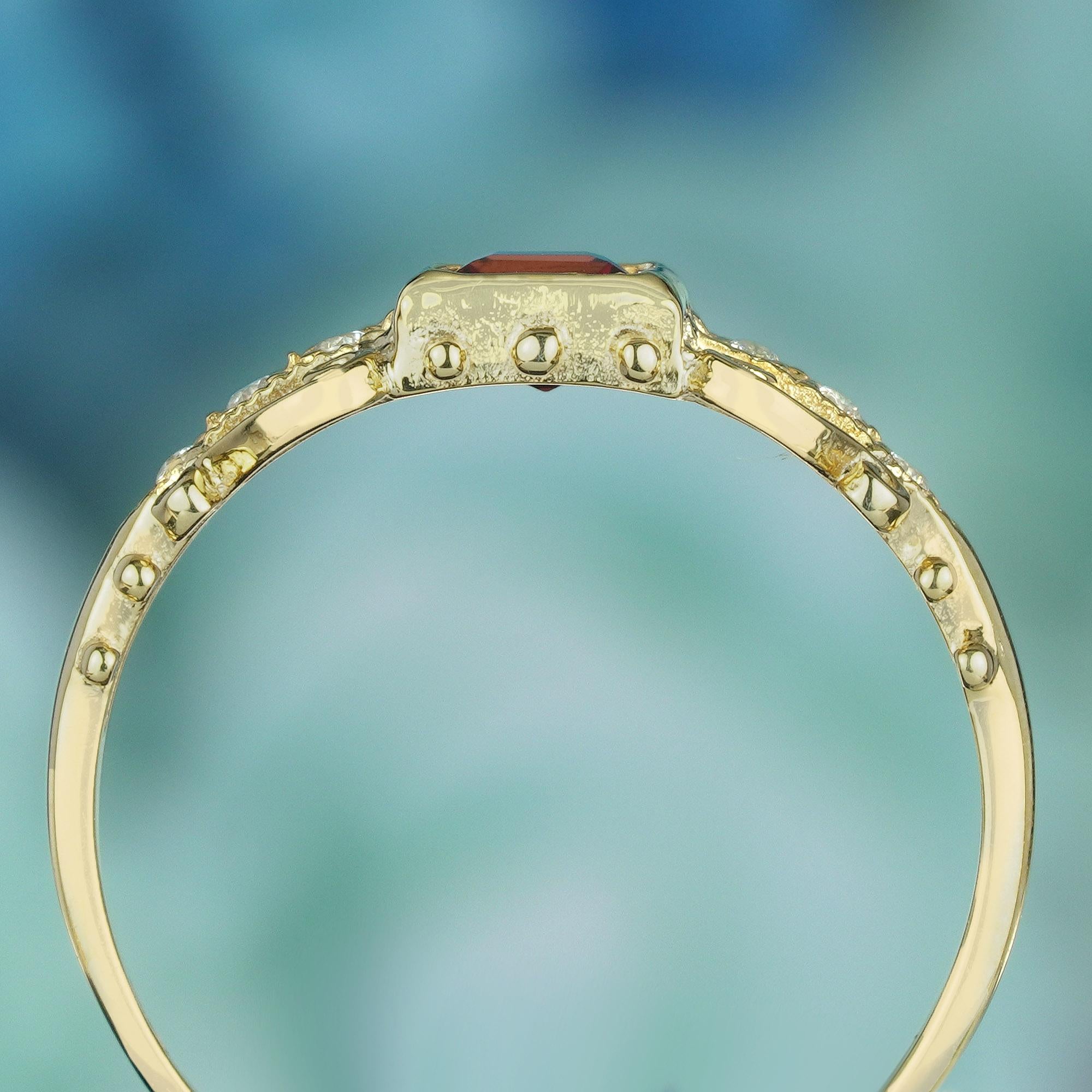 Solitär-Ring aus massivem 9 Karat Gelbgold mit natürlichem Granat und Diamant im Vintage-Stil im Zustand „Neu“ im Angebot in Bangkok, TH
