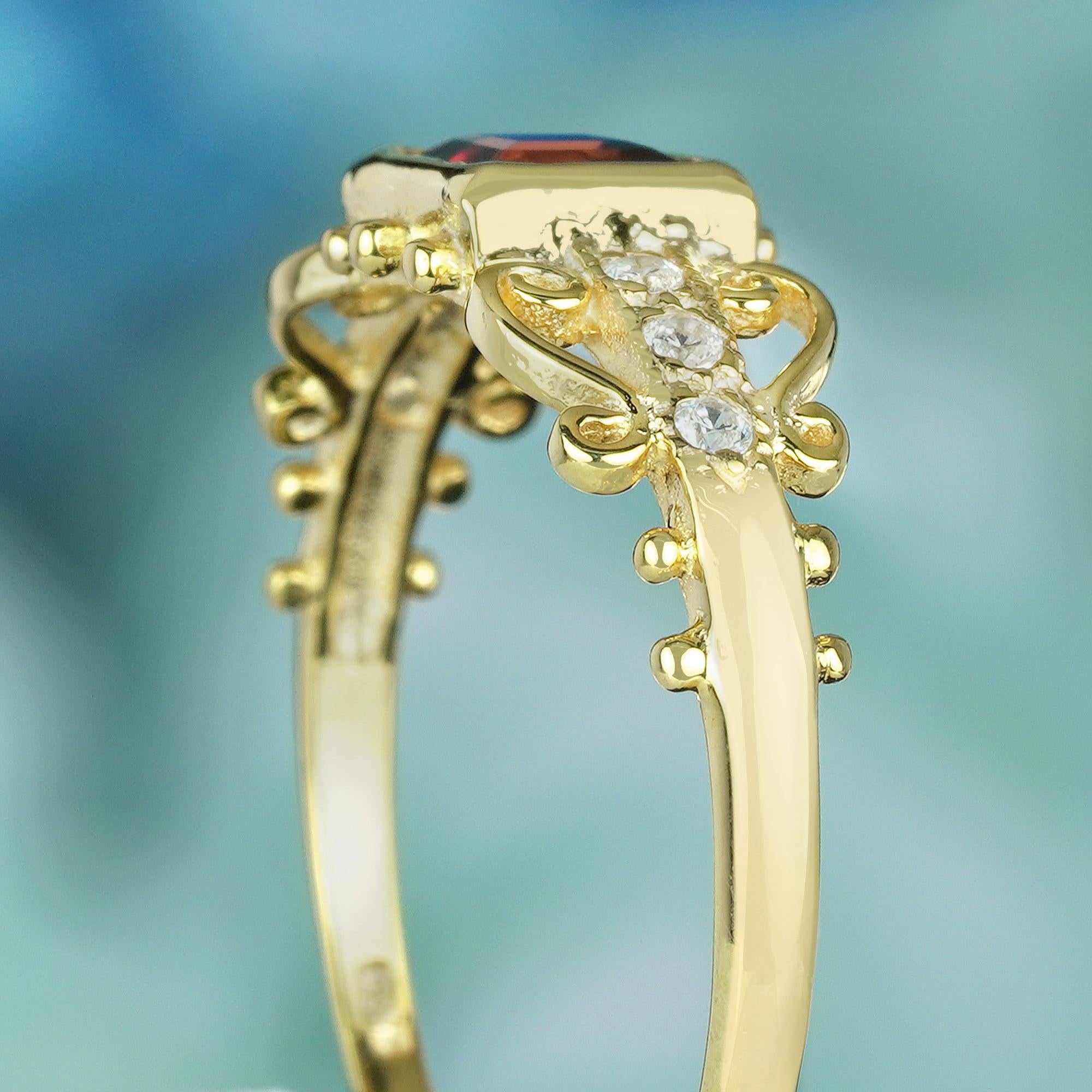 Bague solitaire de style vintage en or jaune massif 9 carats, grenat naturel et diamant Pour femmes en vente