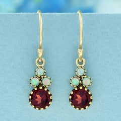 Natural Garnet and Opal Vintage Style Dangle Earrings in 9K Yellow Gold