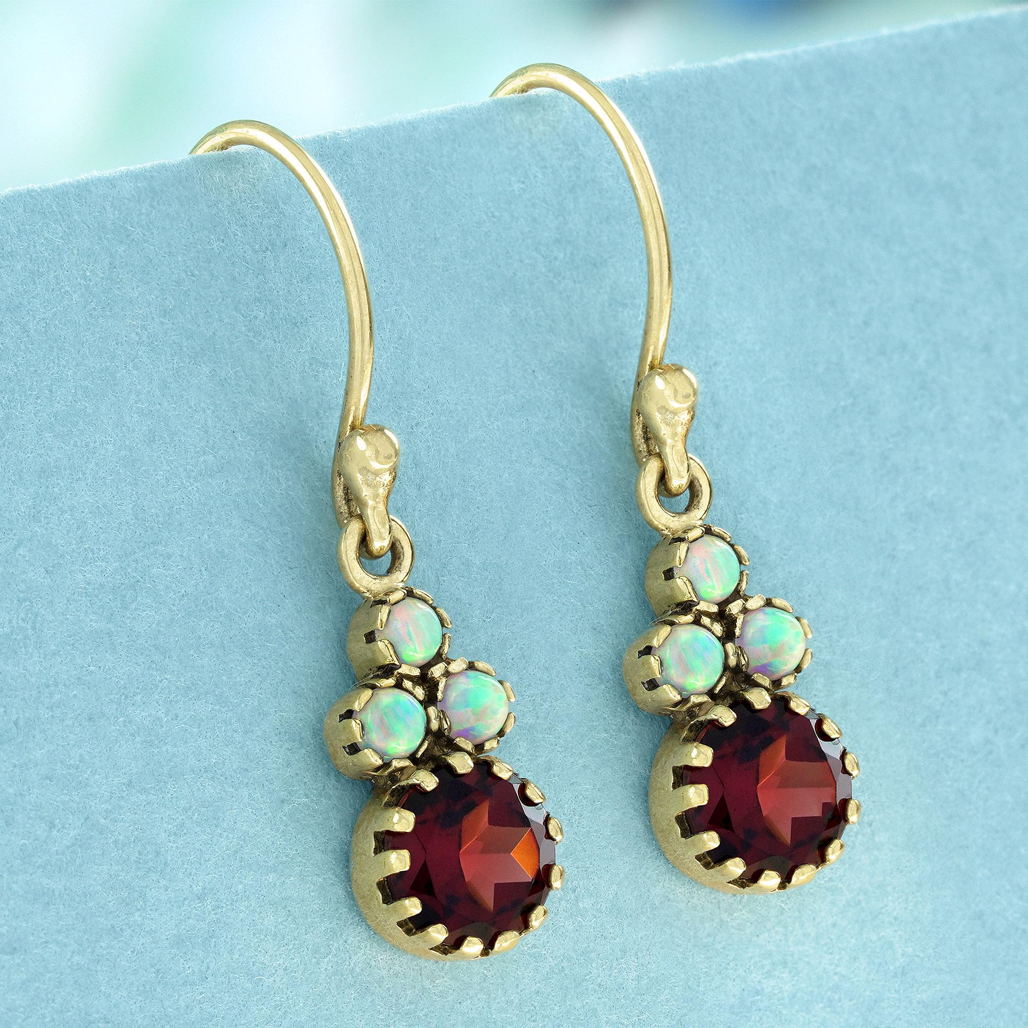 Edwardian Natural Garnet and Opal Vintage Style Dangle Earrings in 9K Yellow Gold For Sale